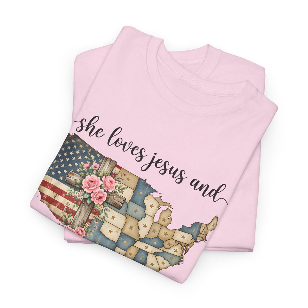 Patriotic Floral USA Tee - "She Loves Jesus and America Too" Christian Flag T-Shirt