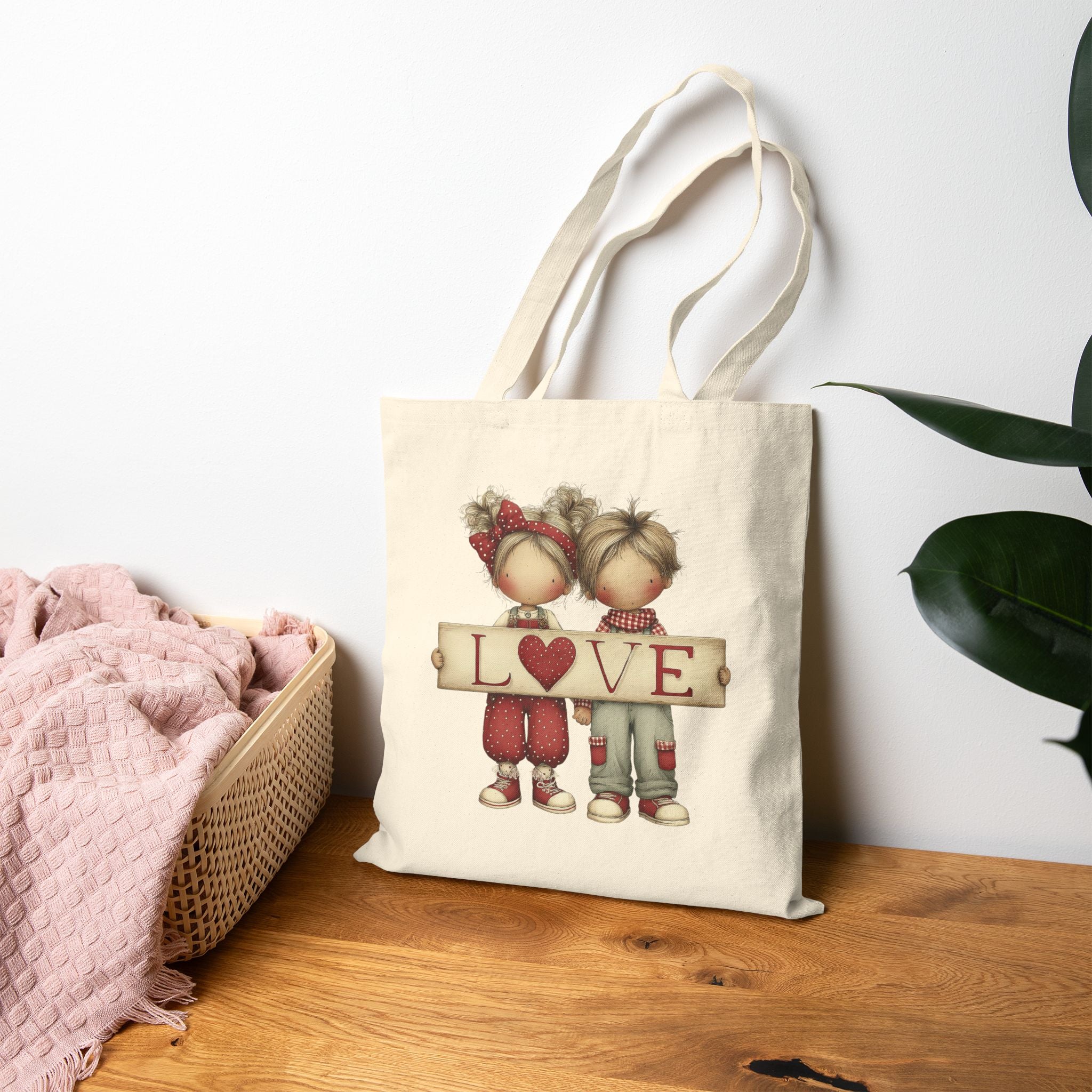 Tote Bag — Cute Boy & Girl 'LOVE' Canvas Tote, Romantic Valentine Gift