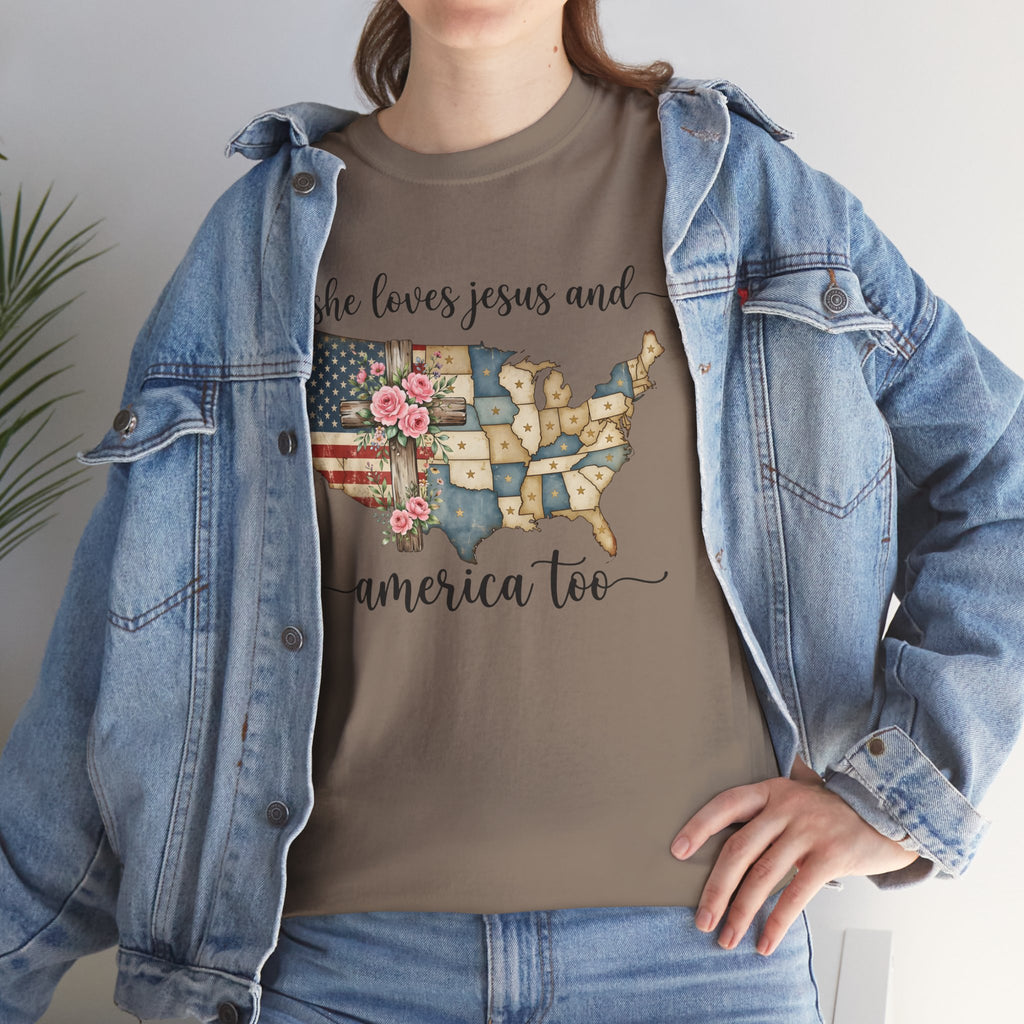 Patriotic Floral USA Tee - "She Loves Jesus and America Too" Christian Flag T-Shirt