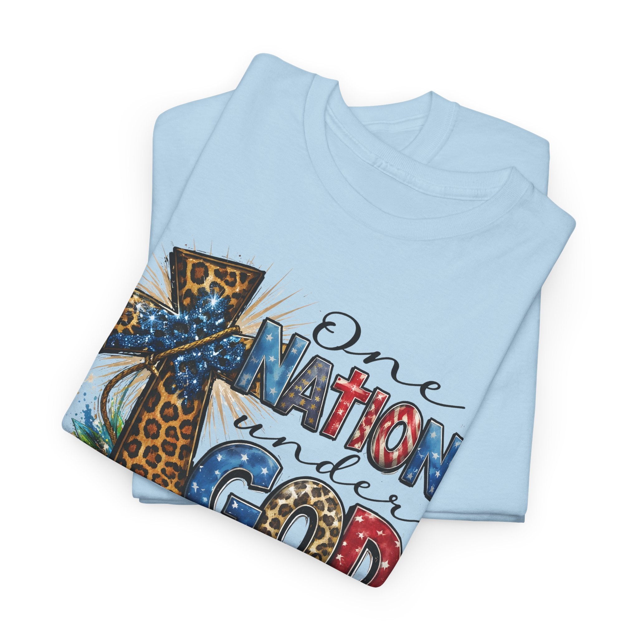 One Nation United Under God Tee — Patriotic Christian T-Shirt with Cross & Leopard Print