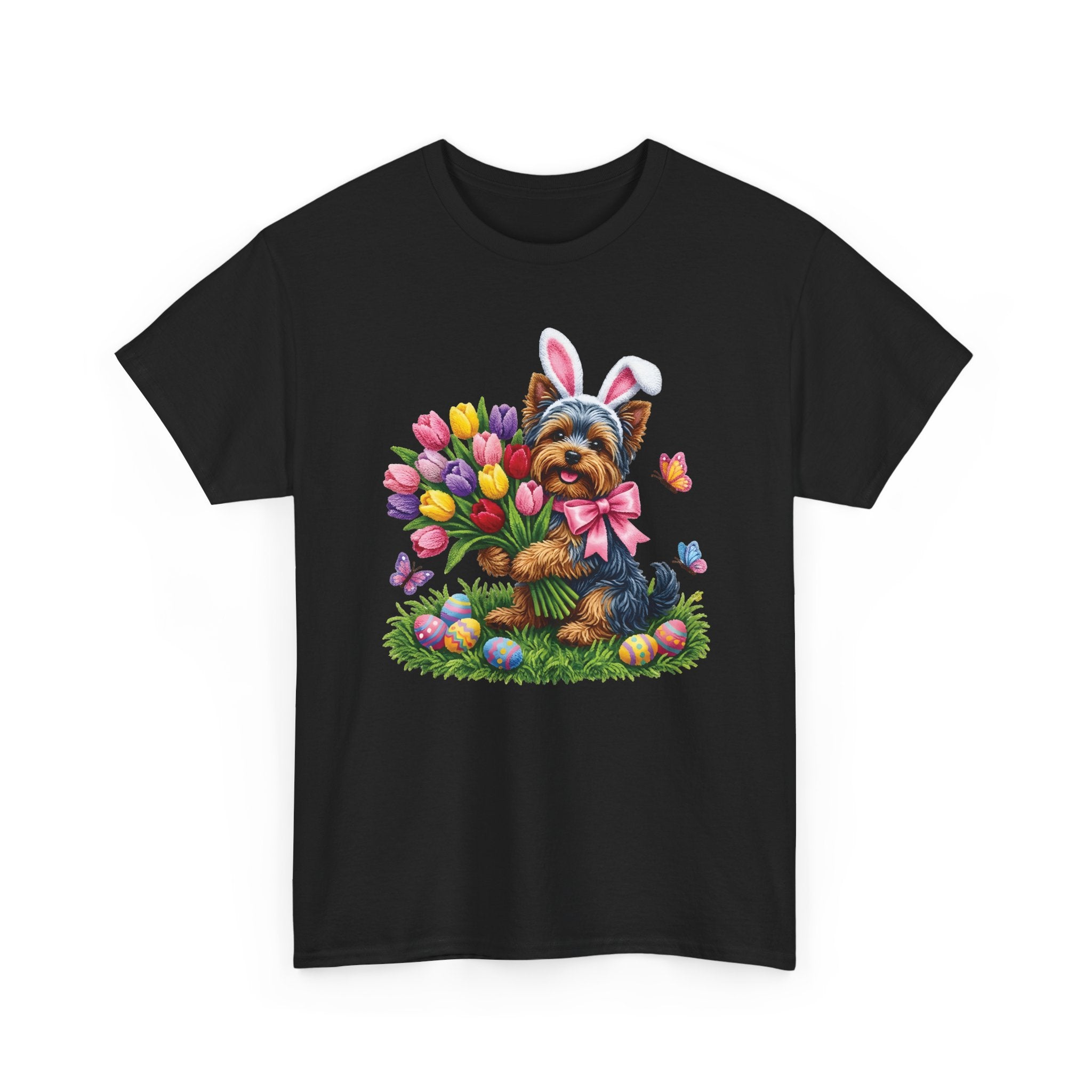 Easter Yorkie Tee — Cute Puppy with Tulips & Bunny Ears Graphic Shirt