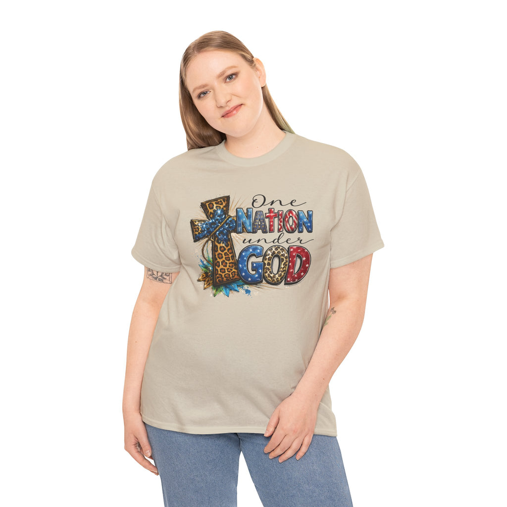 One Nation United Under God Tee — Patriotic Christian T-Shirt with Cross & Leopard Print