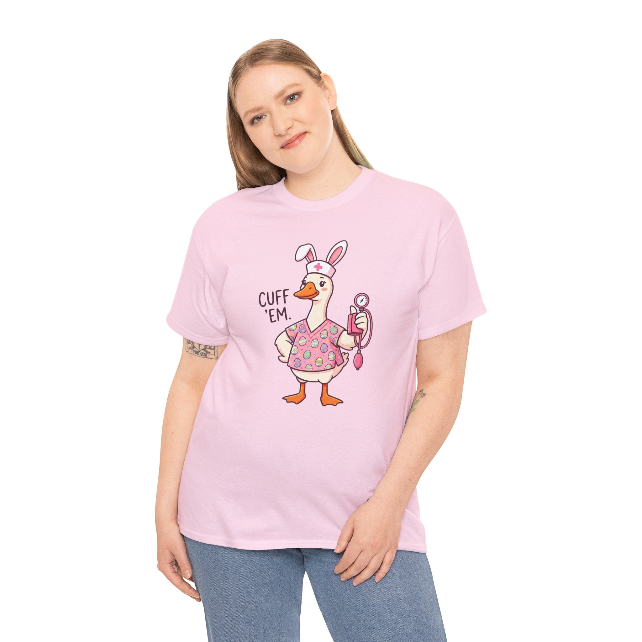 Nurse Goose in Bunny Costume T‑Shirt — "Cuff 'Em" Cute Novelty Tee