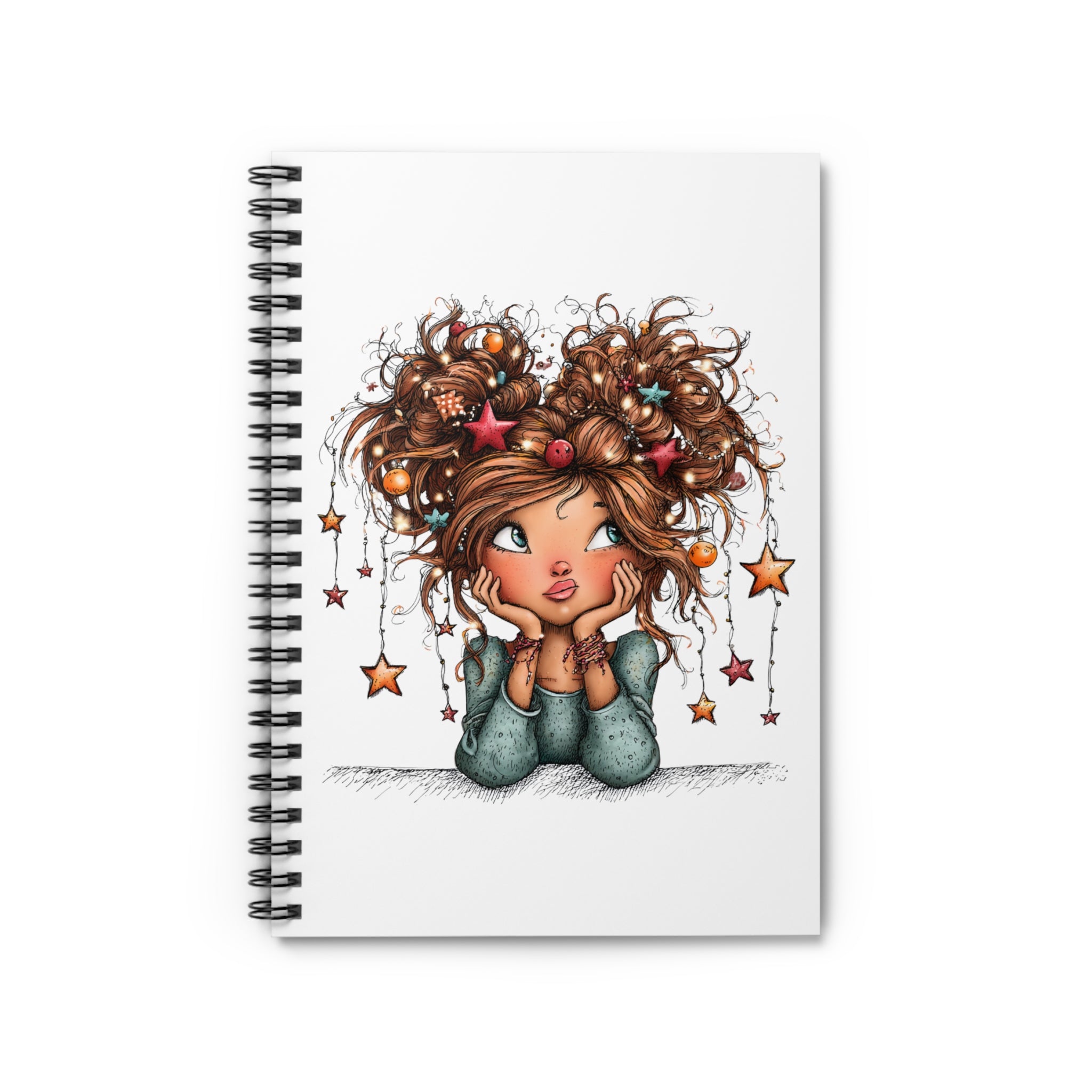 Cute Dreamer Notebook — Spiral Ruled Journal with Whimsical Girl & Hanging Stars