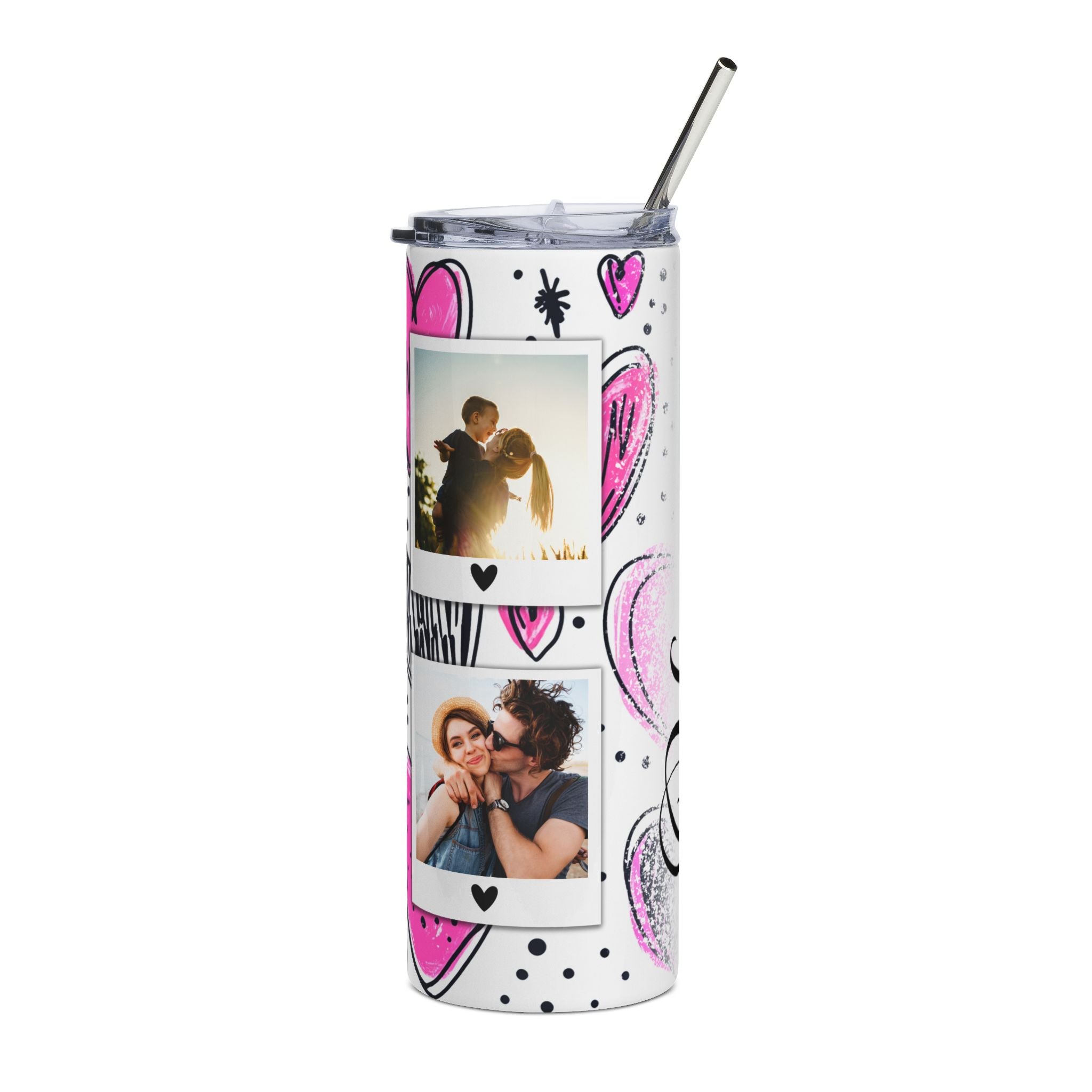 Personalized Watercolor Hearts Photo Name Tumbler - 20oz Stainless Steel Tumbler