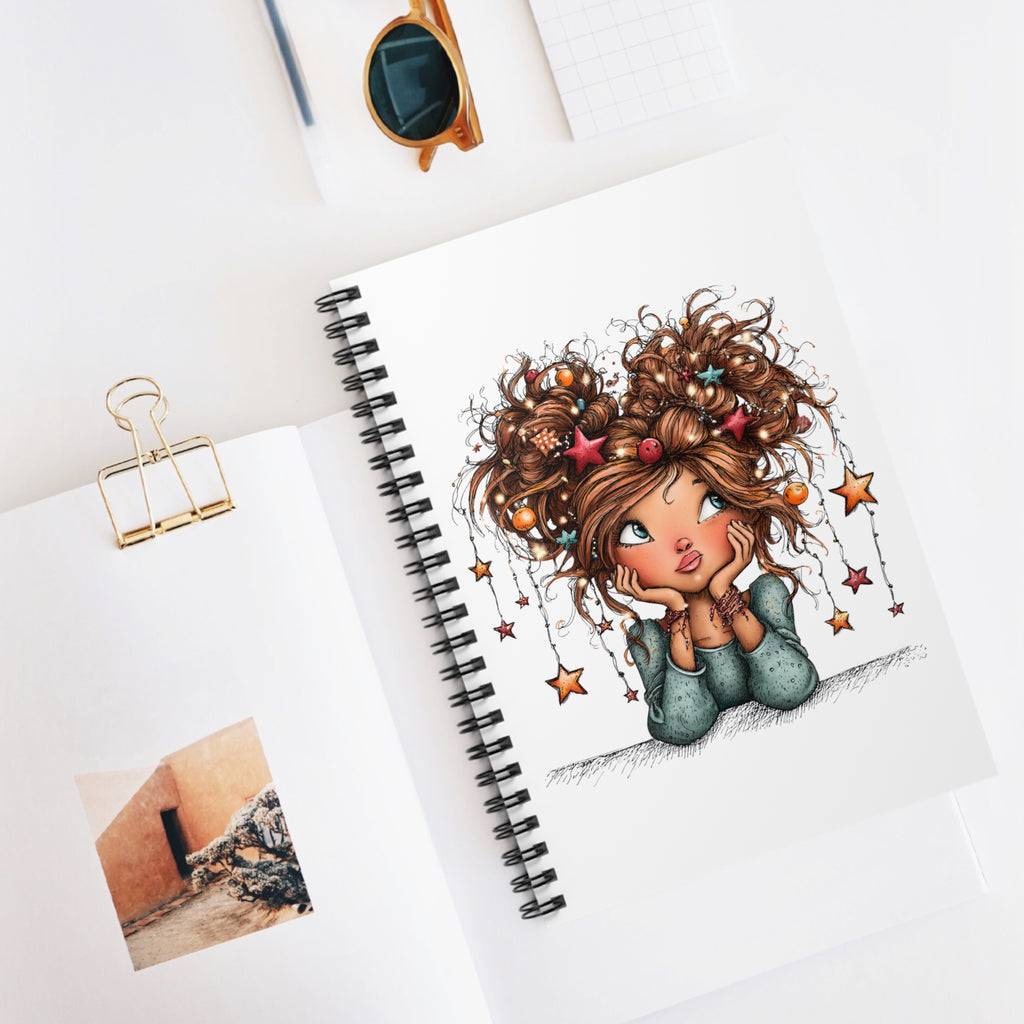 Cute Dreamer Notebook — Spiral Ruled Journal with Whimsical Girl & Hanging Stars