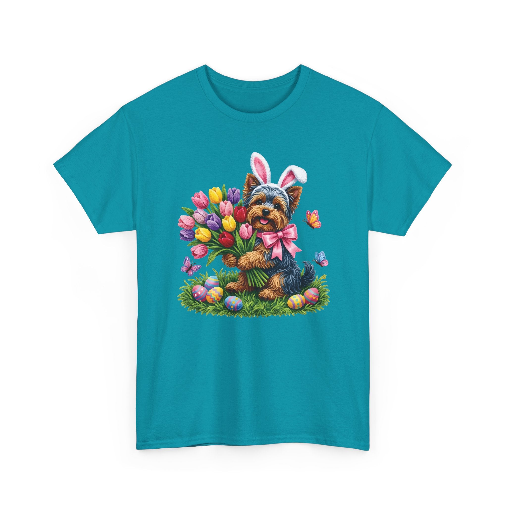 Easter Yorkie Tee — Cute Puppy with Tulips & Bunny Ears Graphic Shirt