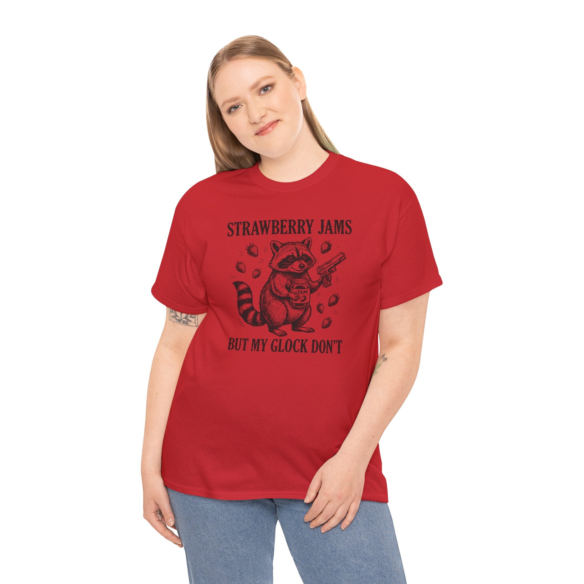 Strawberry Jams But My Glock Don’t T-Shirt — Funny Raccoon Gun Graphic Tee