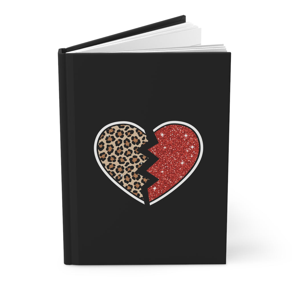 Broken Heart Hardcover Journal — Leopard & Red Glitter Split Heart Notebook