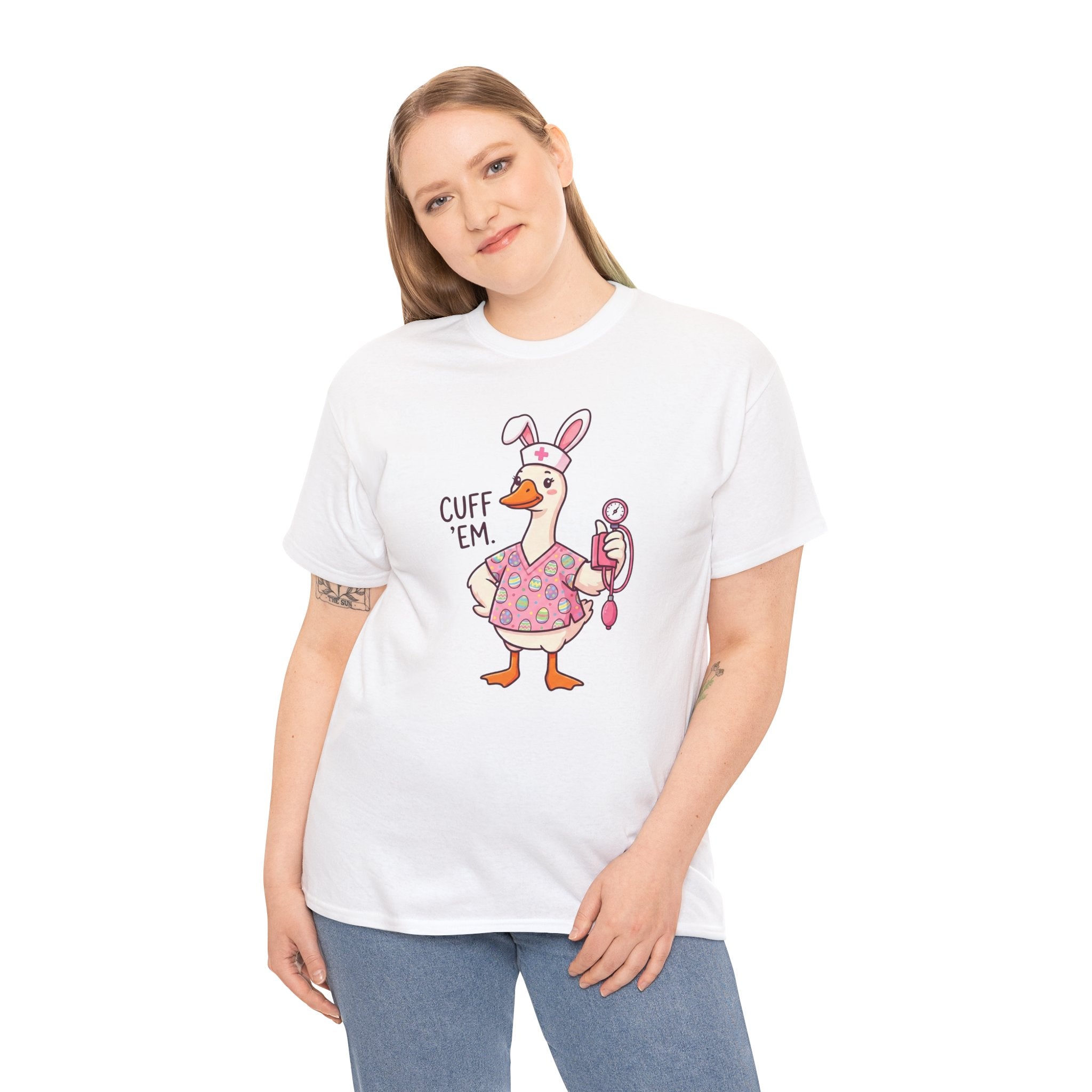 Nurse Goose in Bunny Costume T‑Shirt — "Cuff 'Em" Cute Novelty Tee