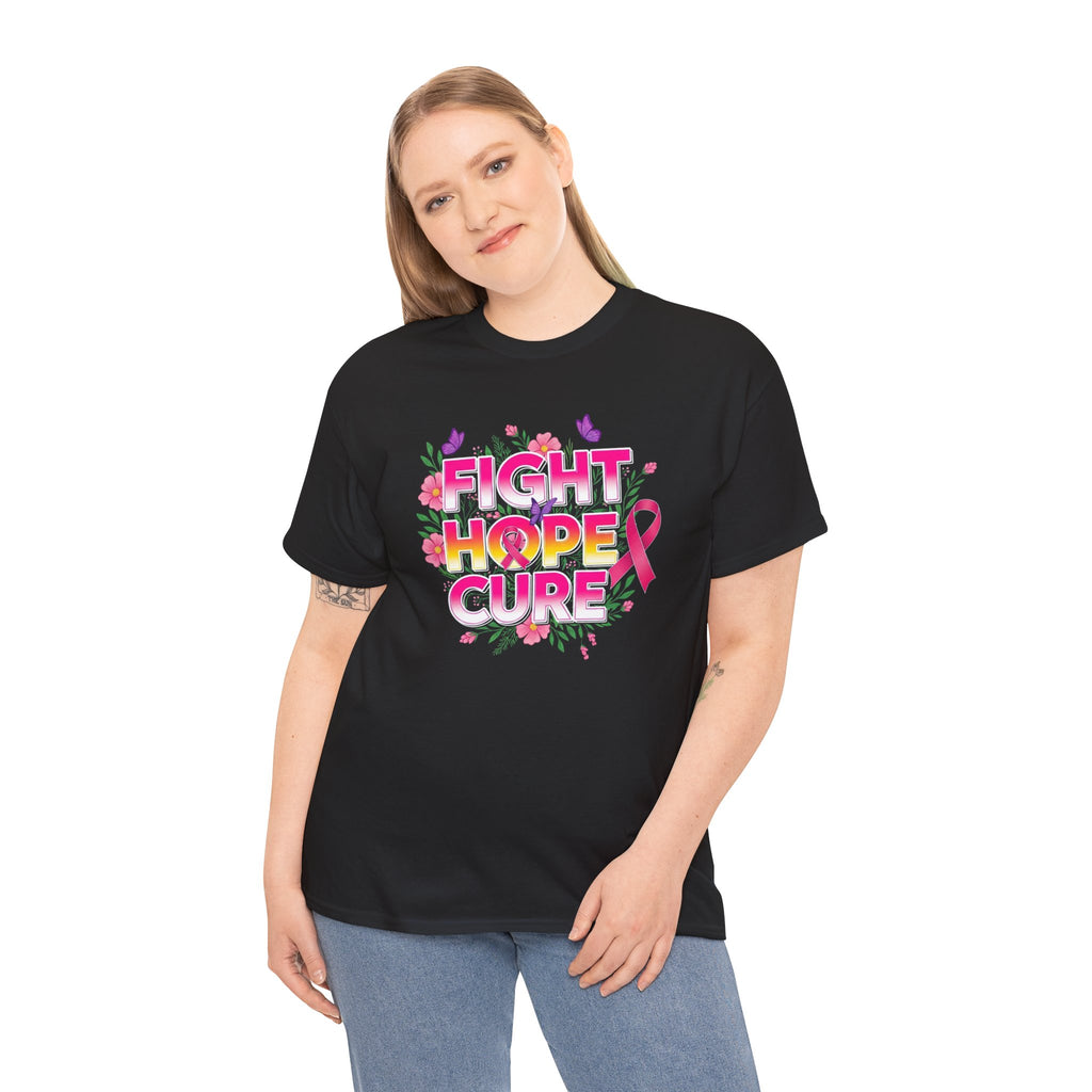 Breast Cancer Awareness Tee – "Fight Hope Cure" Pink Ribbon Floral Shirt