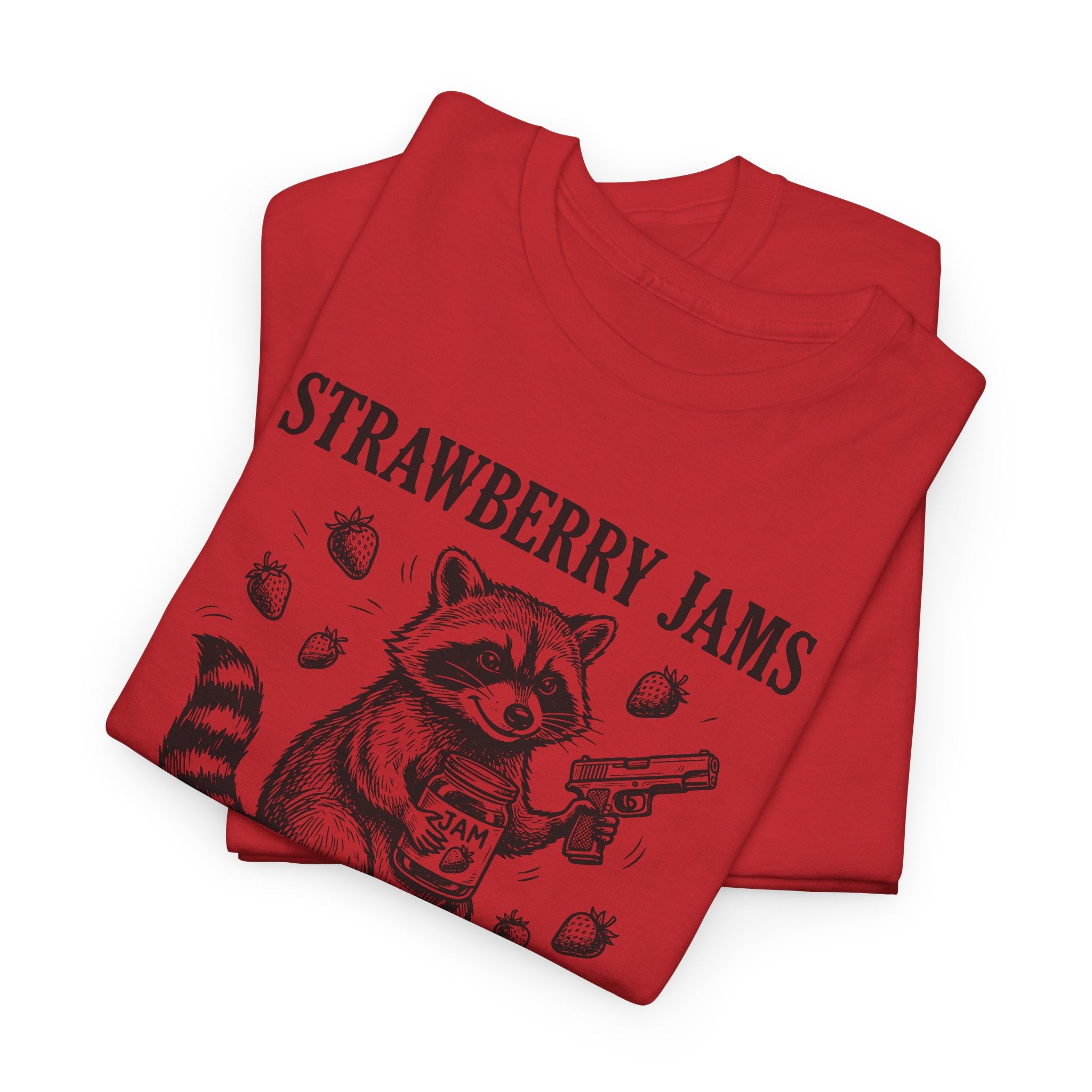 Strawberry Jams But My Glock Don’t T-Shirt — Funny Raccoon Gun Graphic Tee