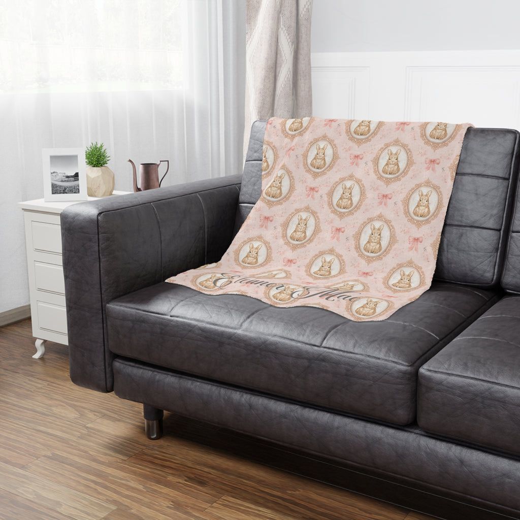 Personalized Pink Bunny Minky Blanket — Vintage Floral Nursery Throw with Name