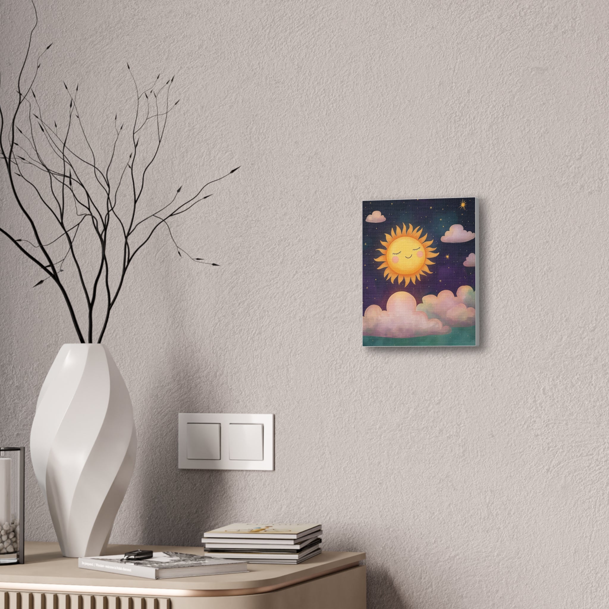 Sunshine Dreams Canvas Wall Art — Cute Smiling Sun with Clouds Nursery Decor