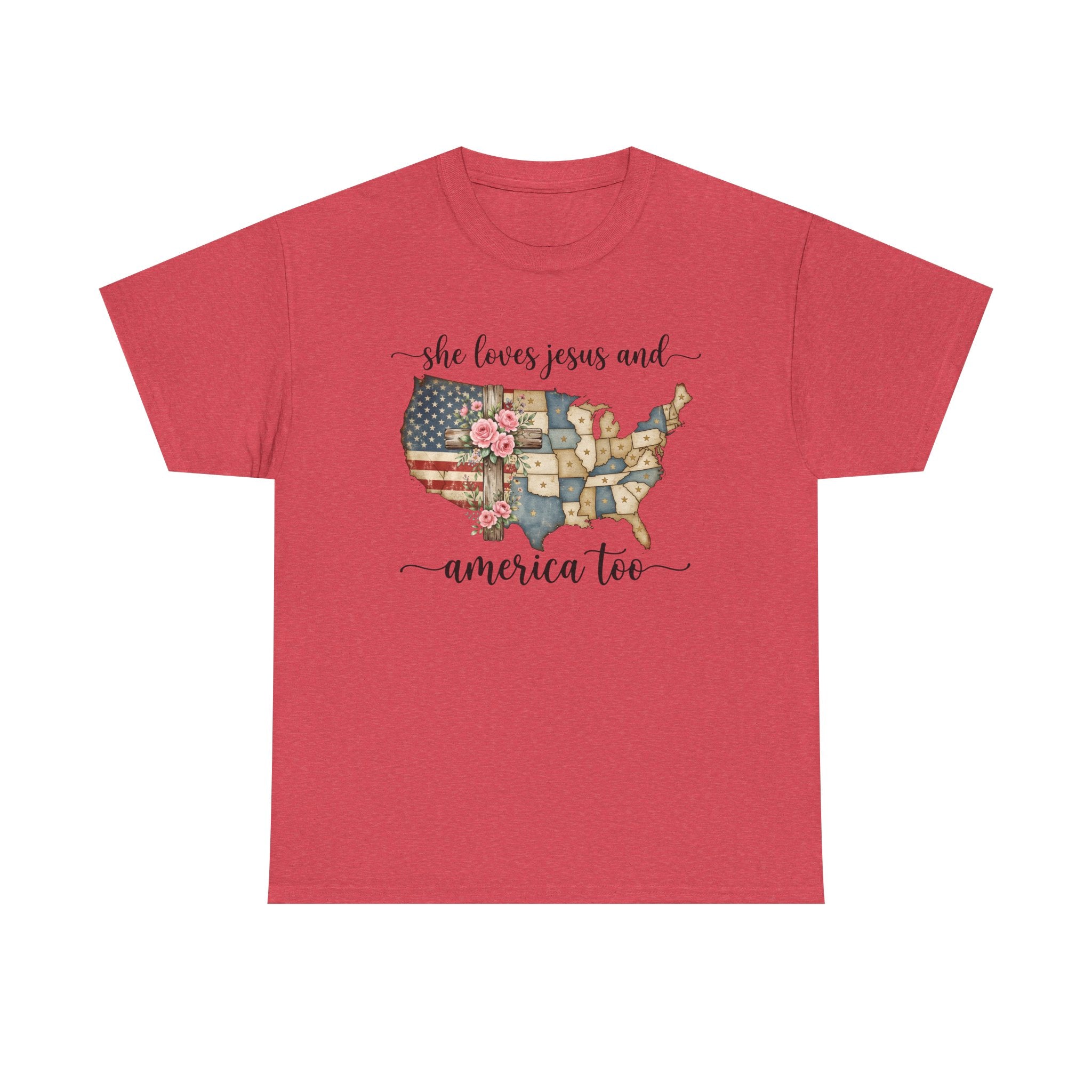 Patriotic Floral USA Tee - "She Loves Jesus and America Too" Christian Flag T-Shirt
