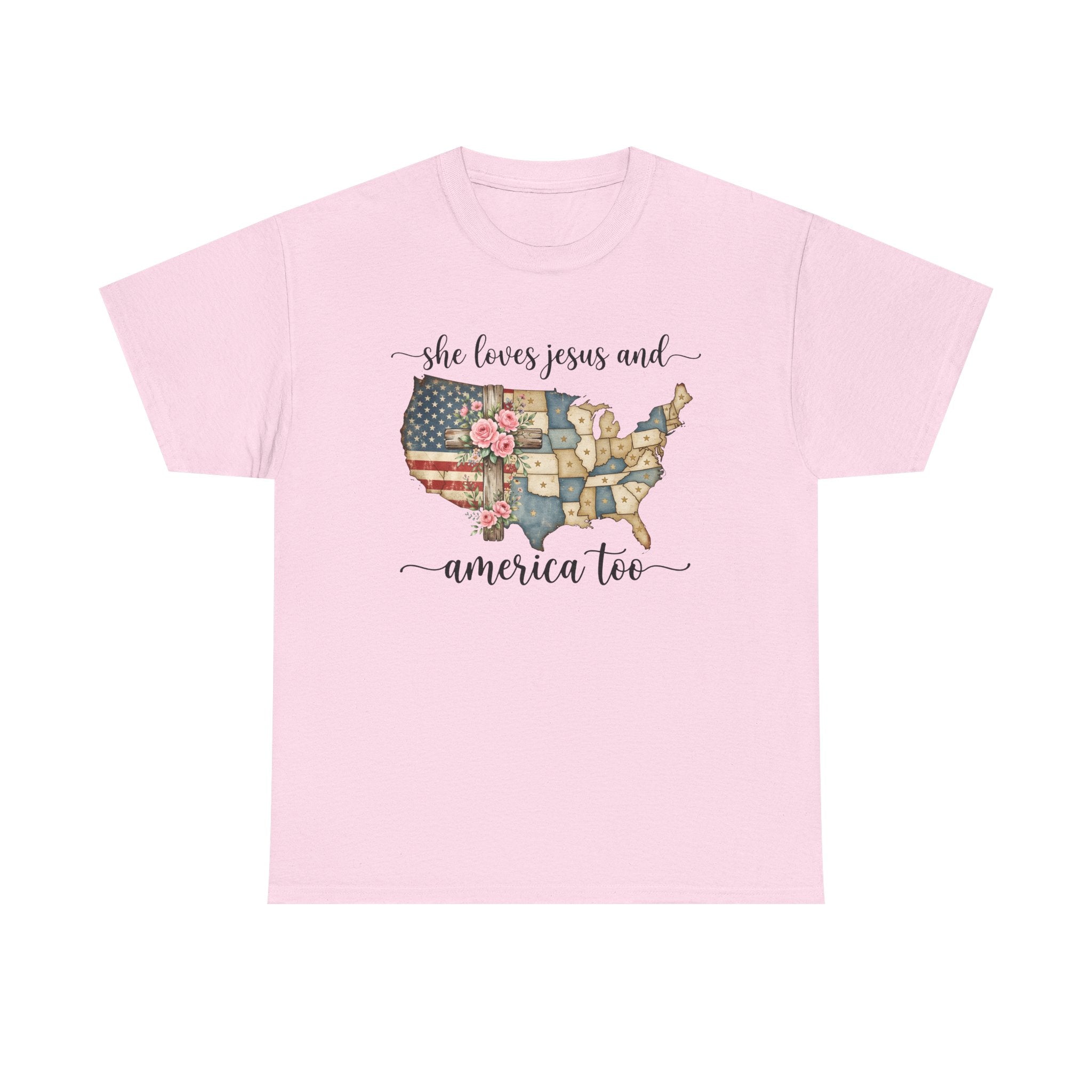 Patriotic Floral USA Tee - "She Loves Jesus and America Too" Christian Flag T-Shirt