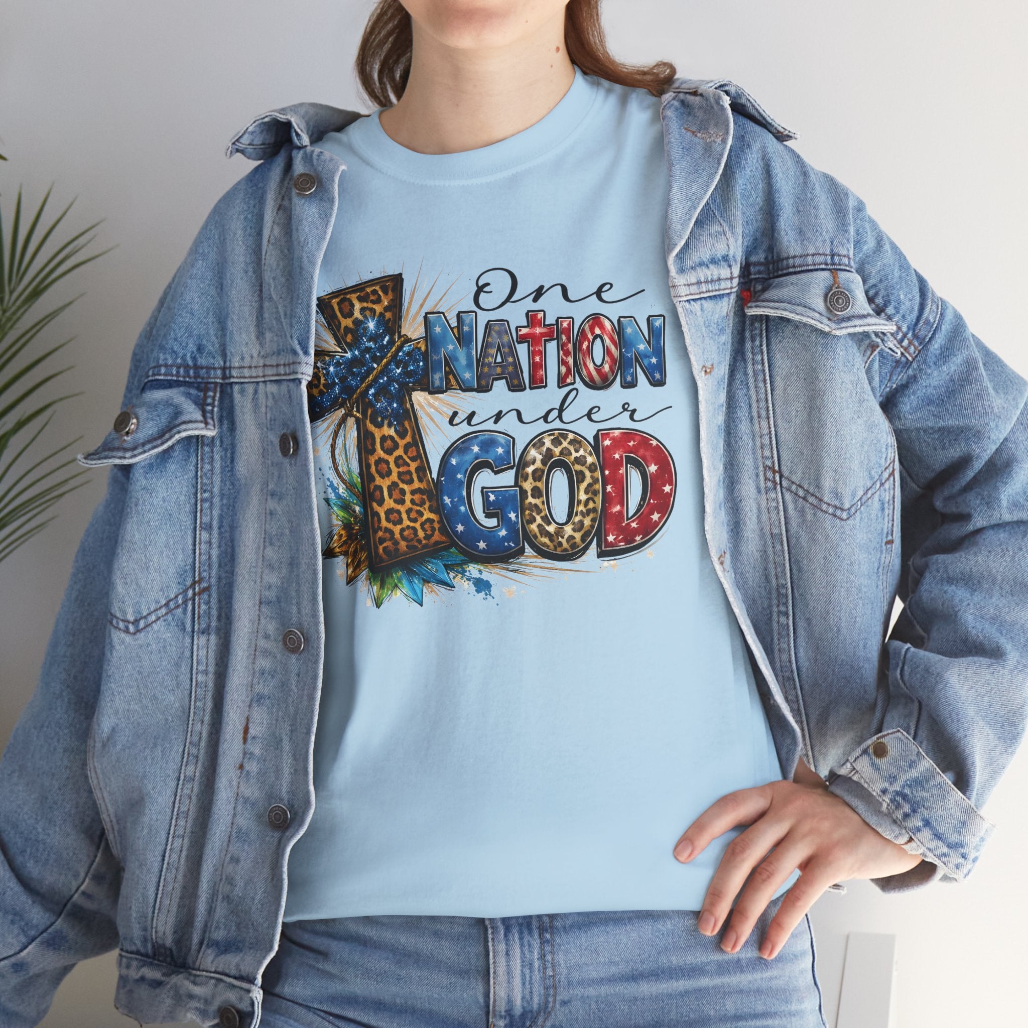 One Nation United Under God Tee — Patriotic Christian T-Shirt with Cross & Leopard Print