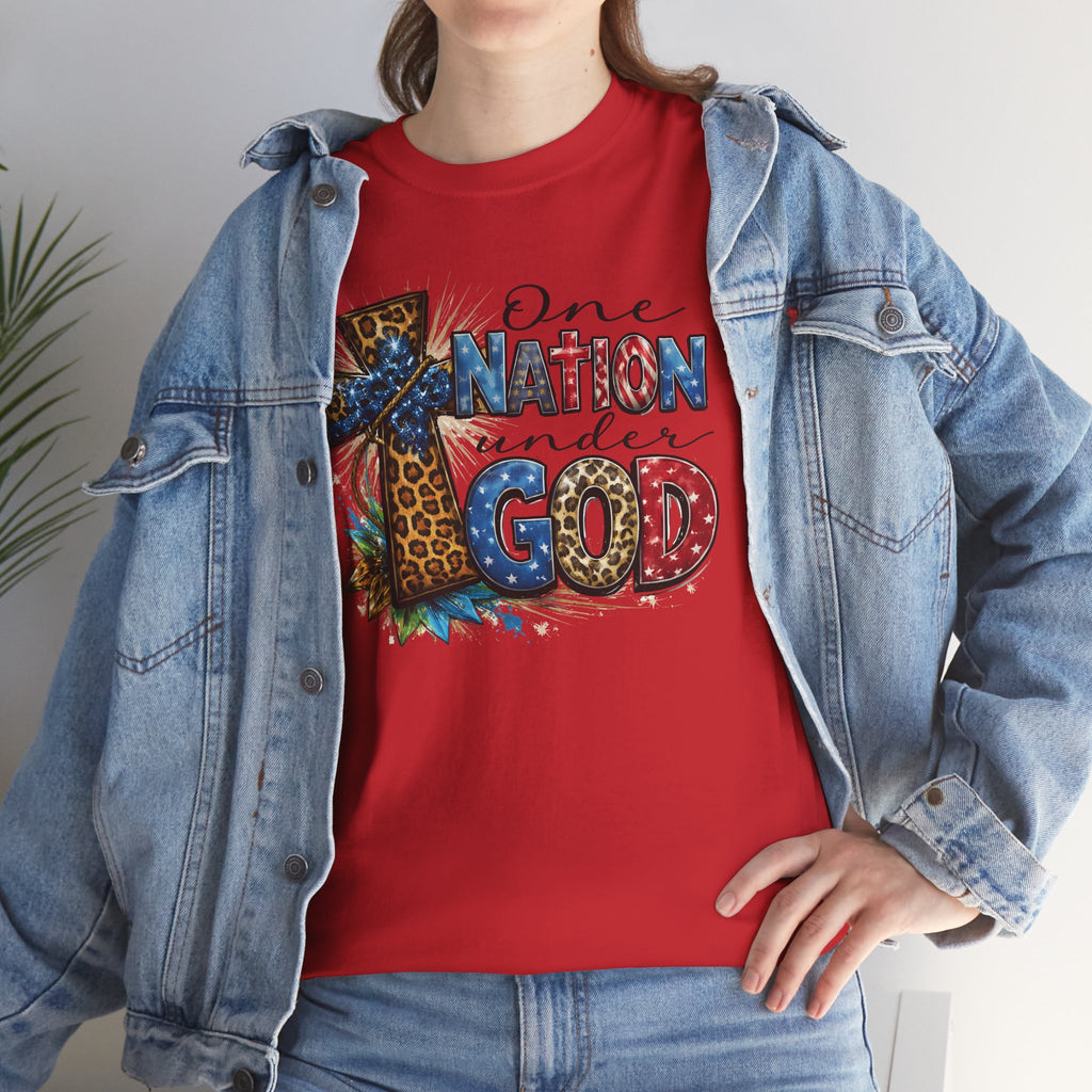One Nation United Under God Tee — Patriotic Christian T-Shirt with Cross & Leopard Print