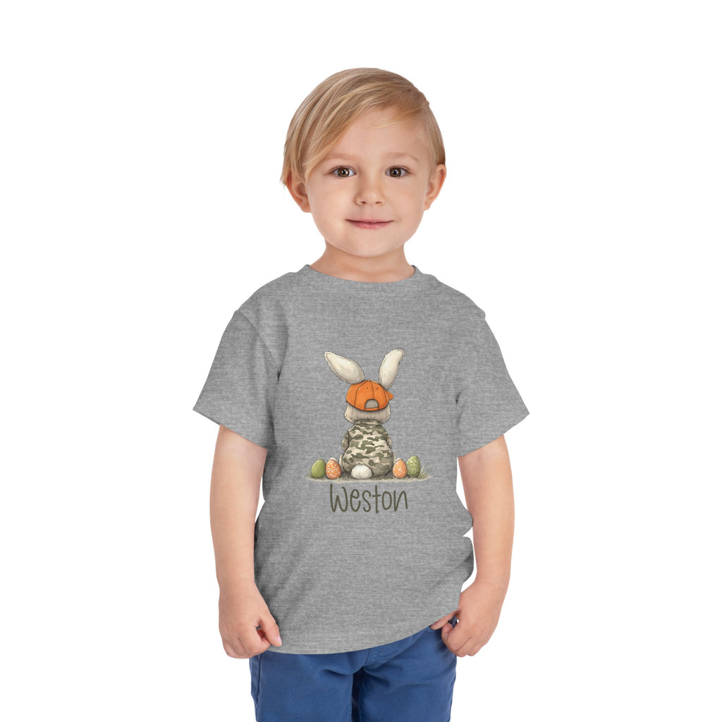 Personalized Toddler Tee — Camouflage Bunny with Orange Cap (Name Customizable)