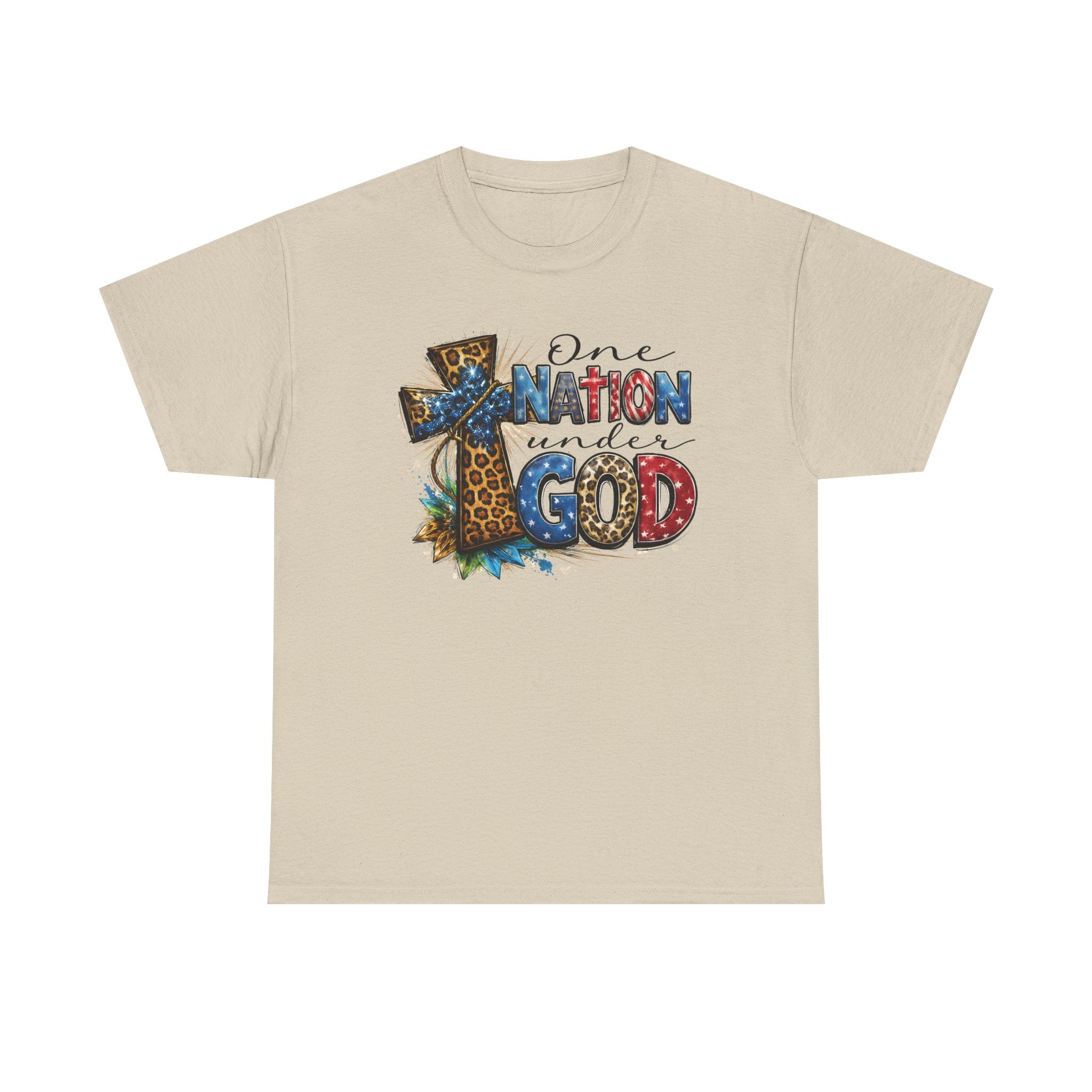 One Nation United Under God Tee — Patriotic Christian T-Shirt with Cross & Leopard Print