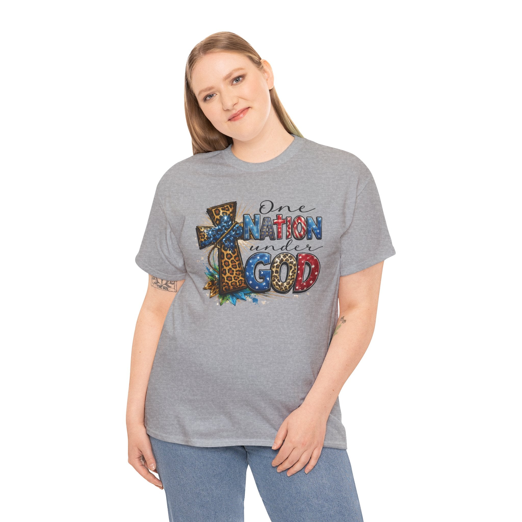 One Nation United Under God Tee — Patriotic Christian T-Shirt with Cross & Leopard Print