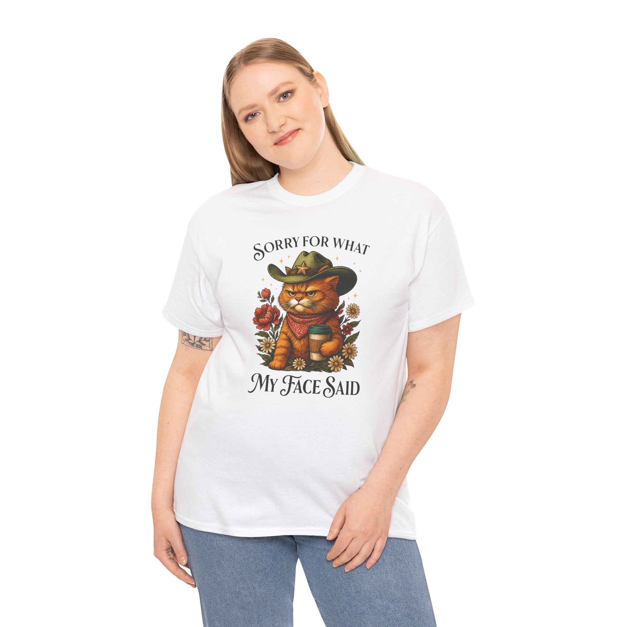 Funny Cat T-Shirt - "Sorry for What My Face Said" Country Cowboy Cat Graphic Tee