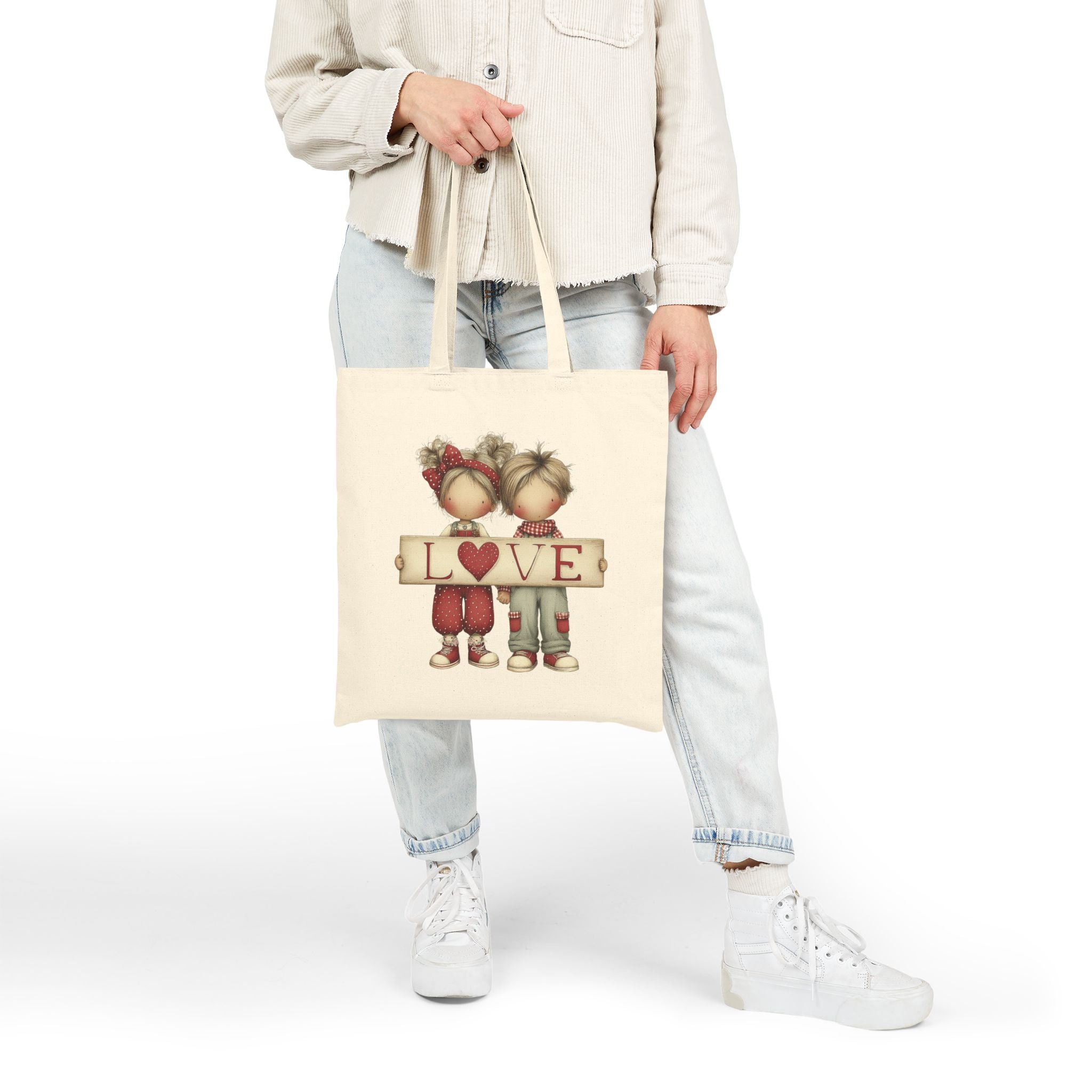 Tote Bag — Cute Boy & Girl 'LOVE' Canvas Tote, Romantic Valentine Gift