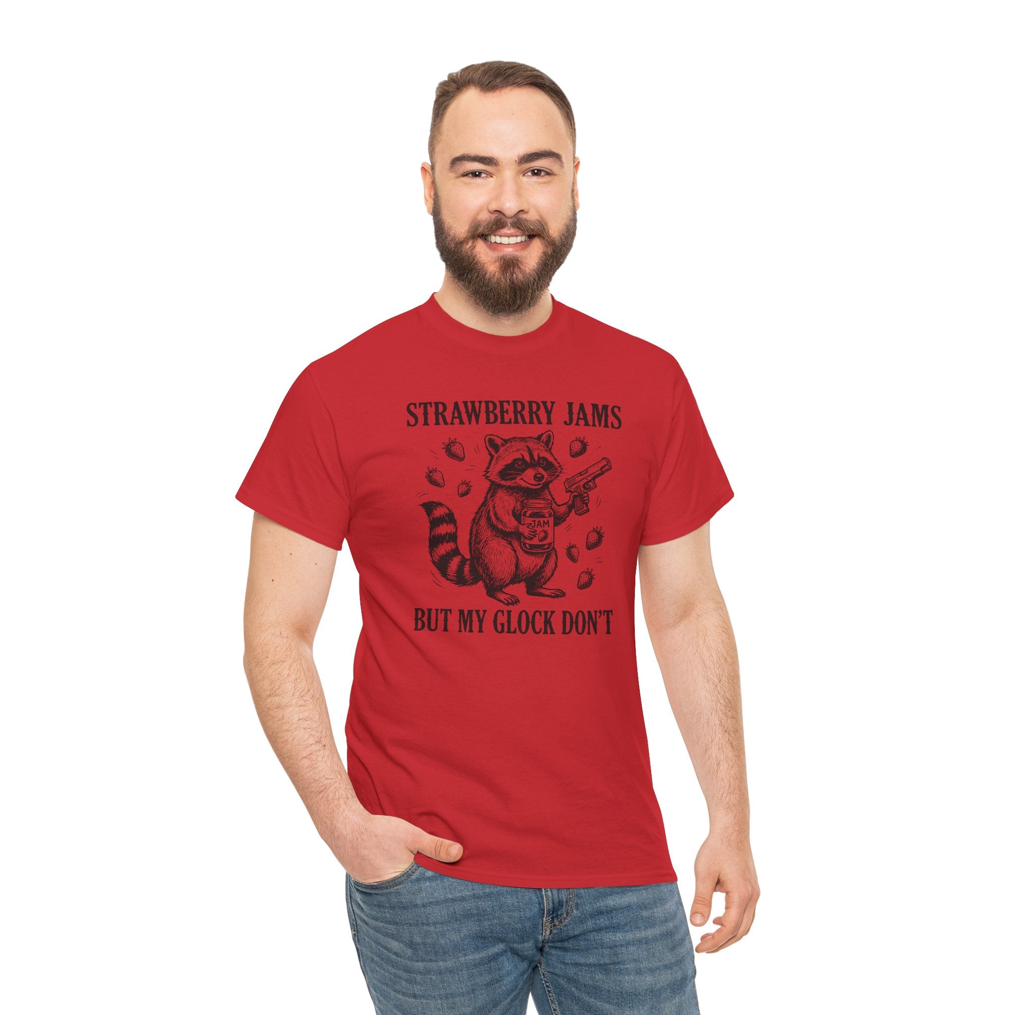 Strawberry Jams But My Glock Don’t T-Shirt — Funny Raccoon Gun Graphic Tee