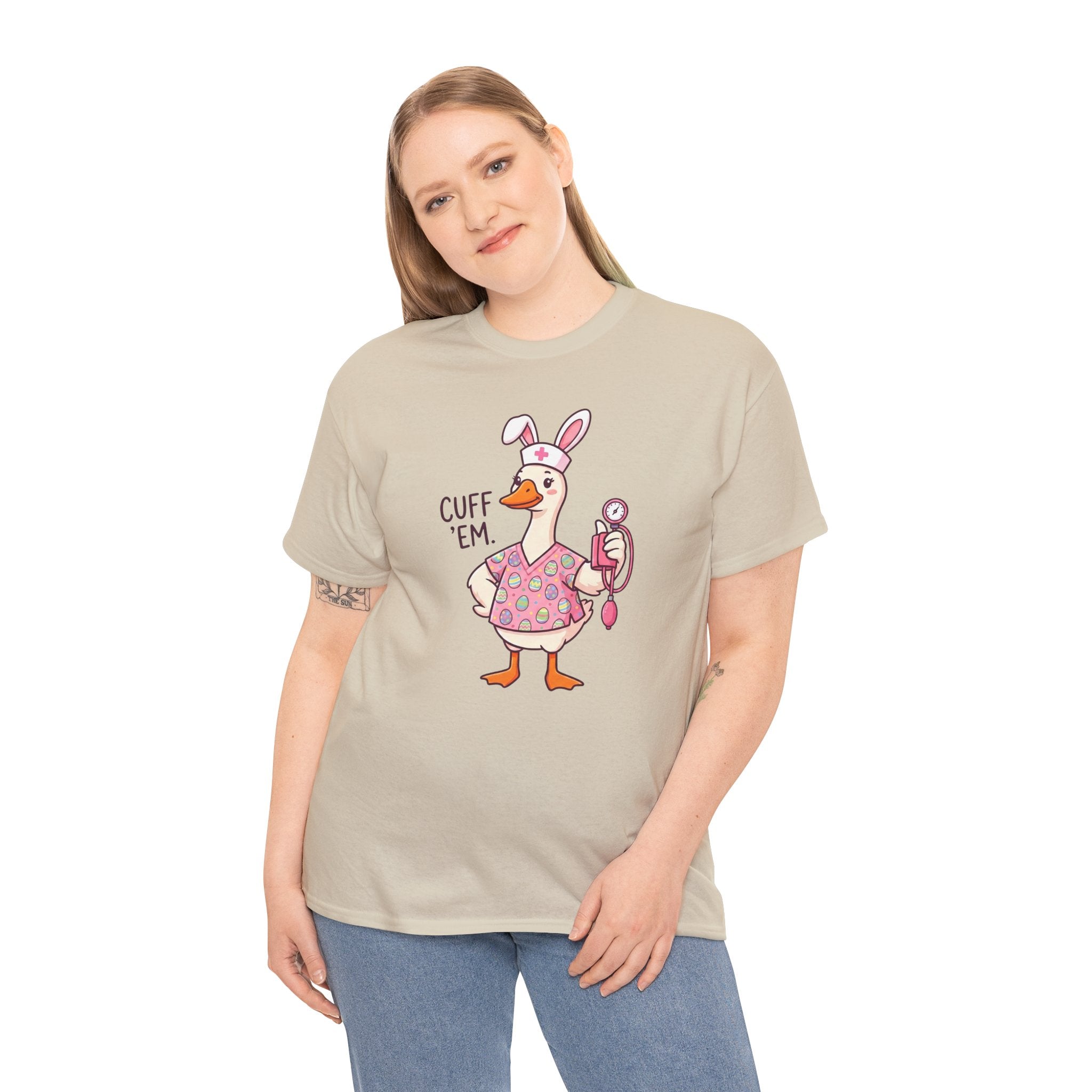 Nurse Goose in Bunny Costume T‑Shirt — "Cuff 'Em" Cute Novelty Tee