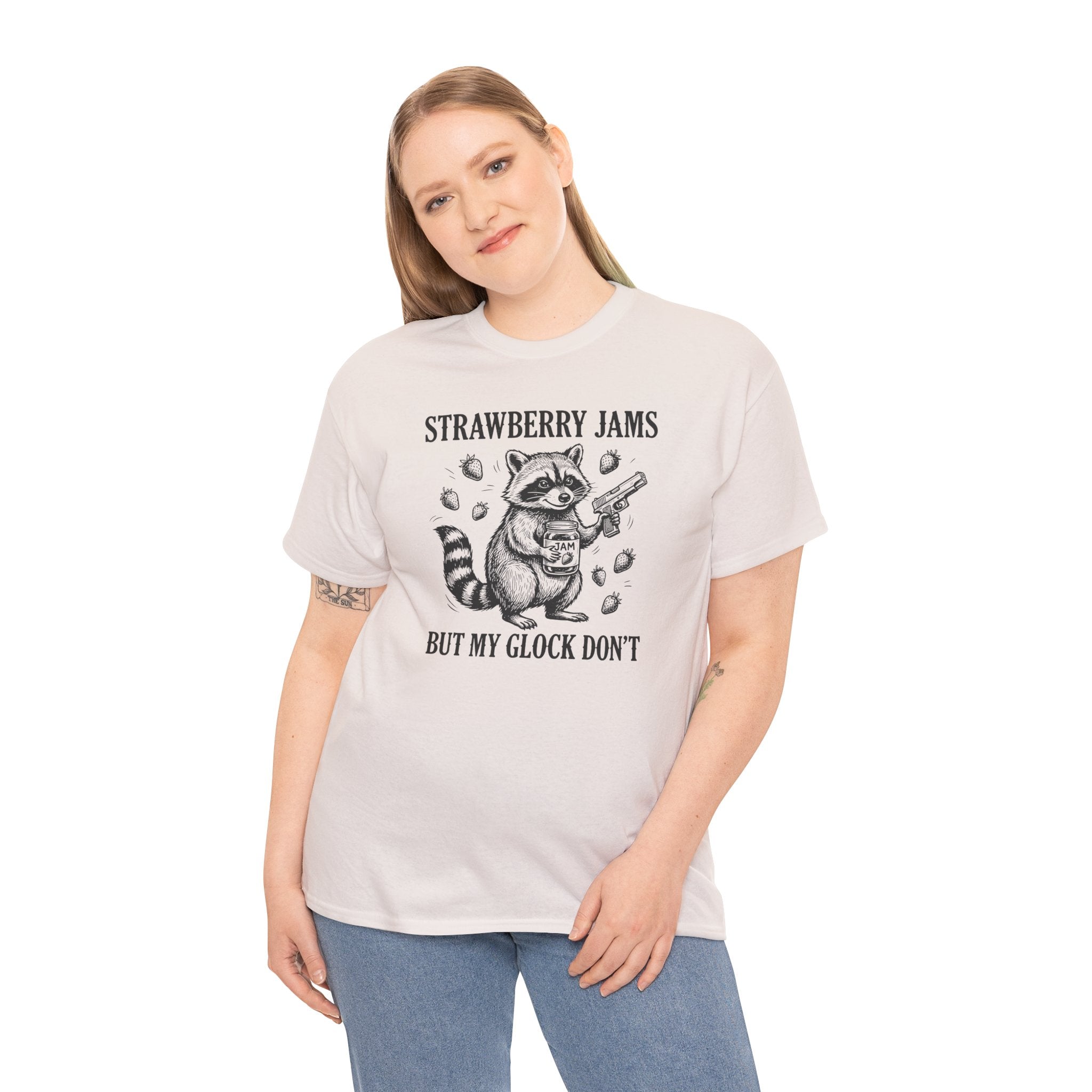 Strawberry Jams But My Glock Don’t T-Shirt — Funny Raccoon Gun Graphic Tee
