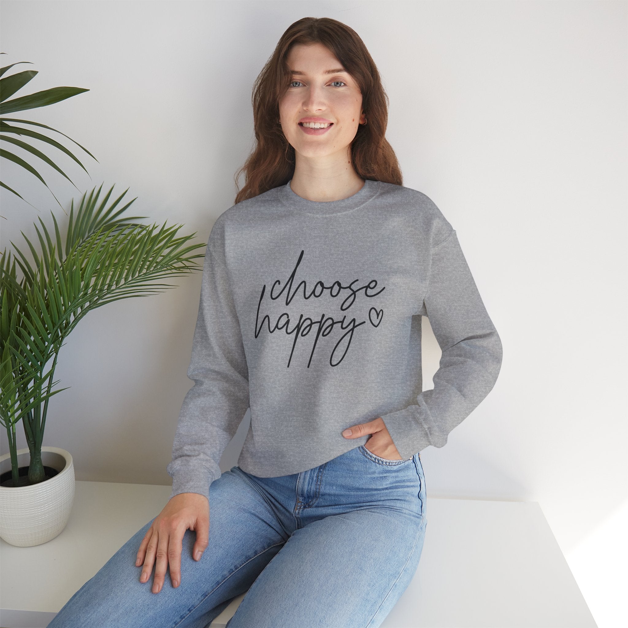 Choose Happy Crewneck Sweatshirt — Cozy Inspirational Pullover with Script Heart