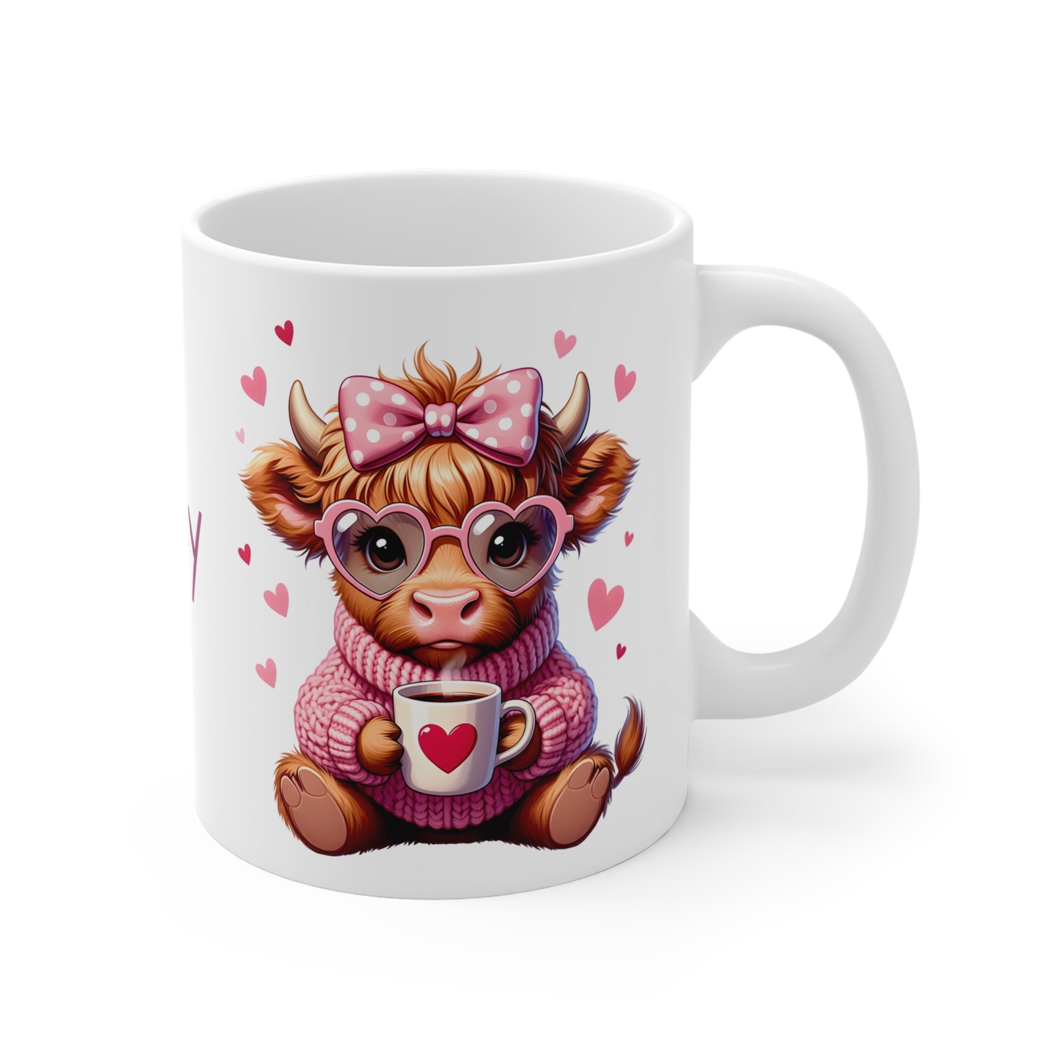 Personalized Cute Cow Mug – Custom Name Coffee Cup, Adorable Heart & Sweater Design