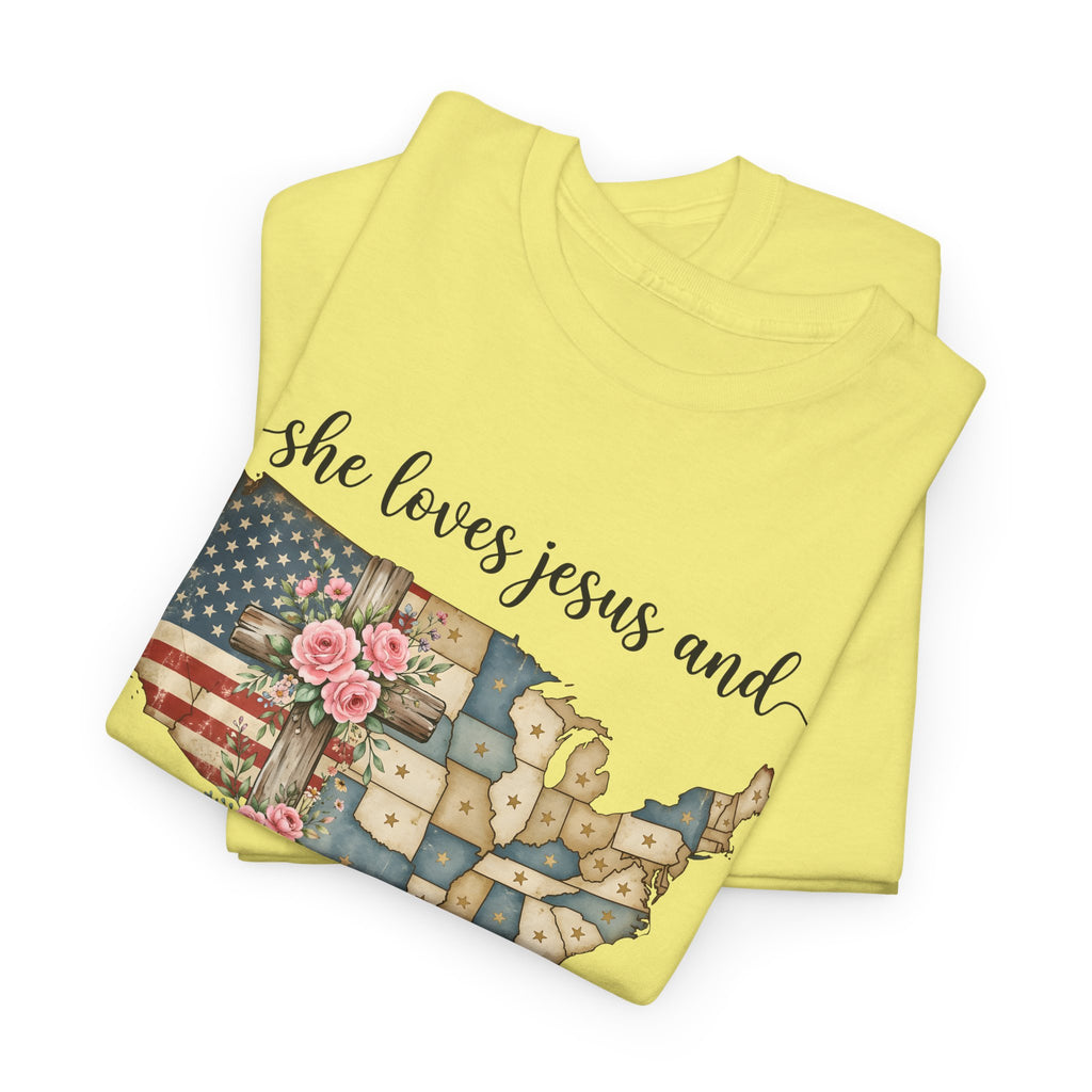 Patriotic Floral USA Tee - "She Loves Jesus and America Too" Christian Flag T-Shirt