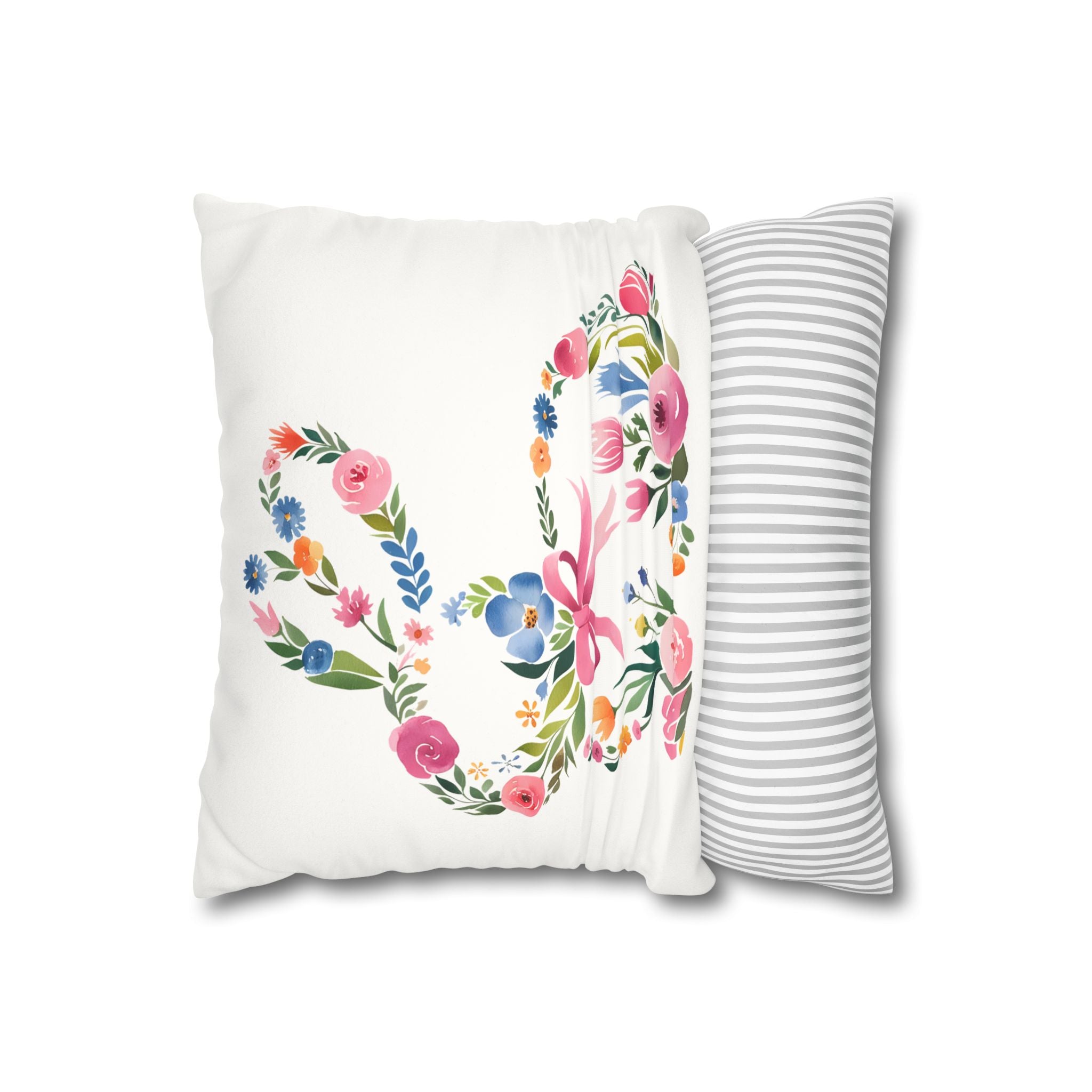 Floral Bunny Pillowcase — Faux Suede Square Decorative Throw Pillow