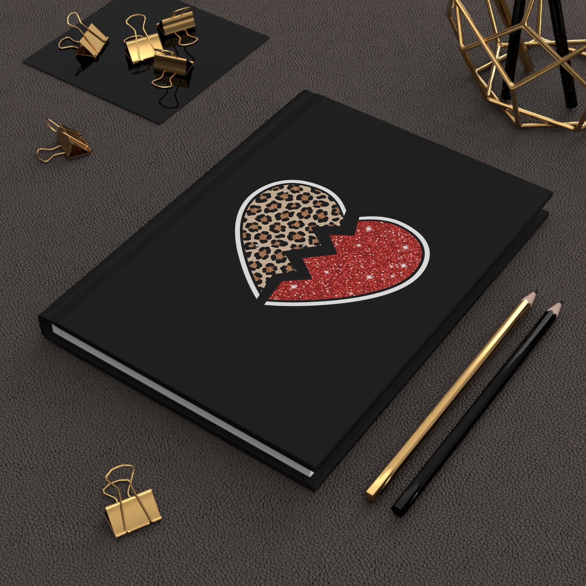 Broken Heart Hardcover Journal — Leopard & Red Glitter Split Heart Notebook