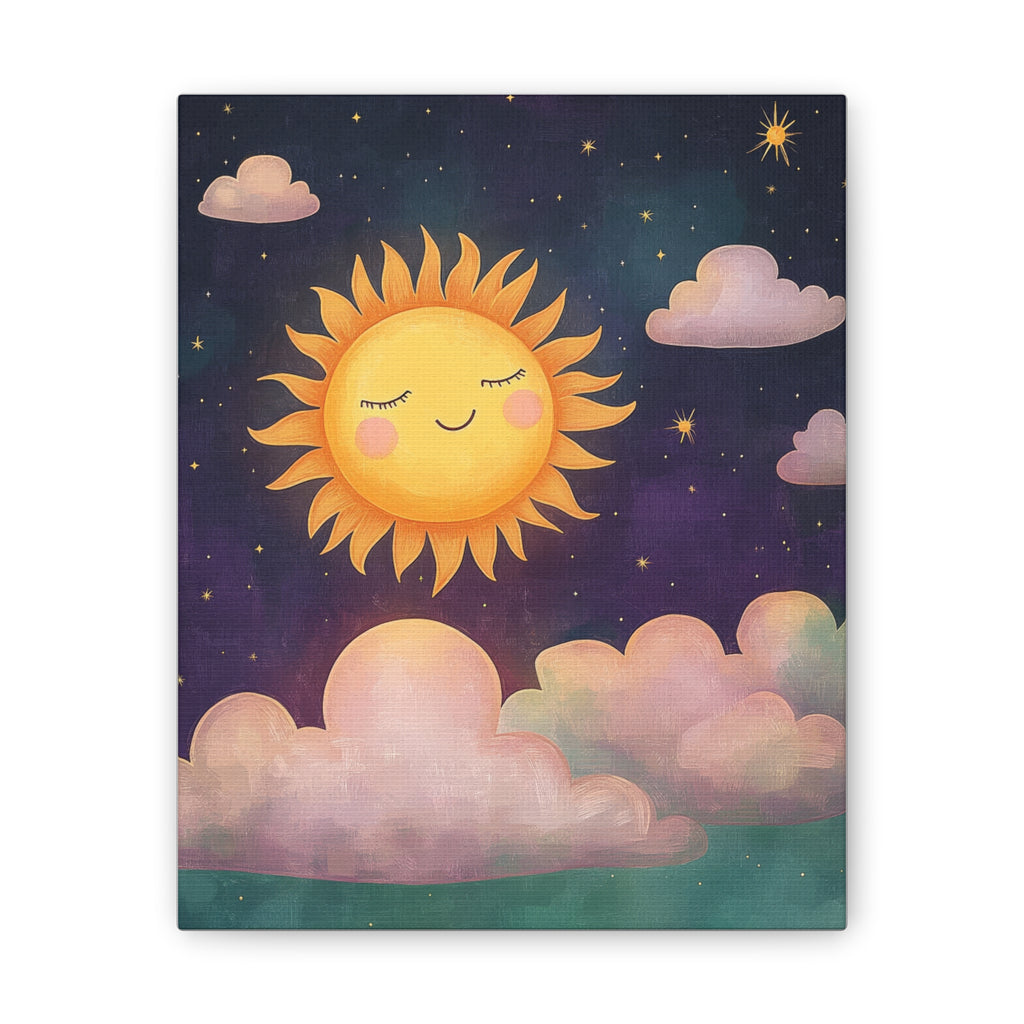 Sunshine Dreams Canvas Wall Art — Cute Smiling Sun with Clouds Nursery Decor