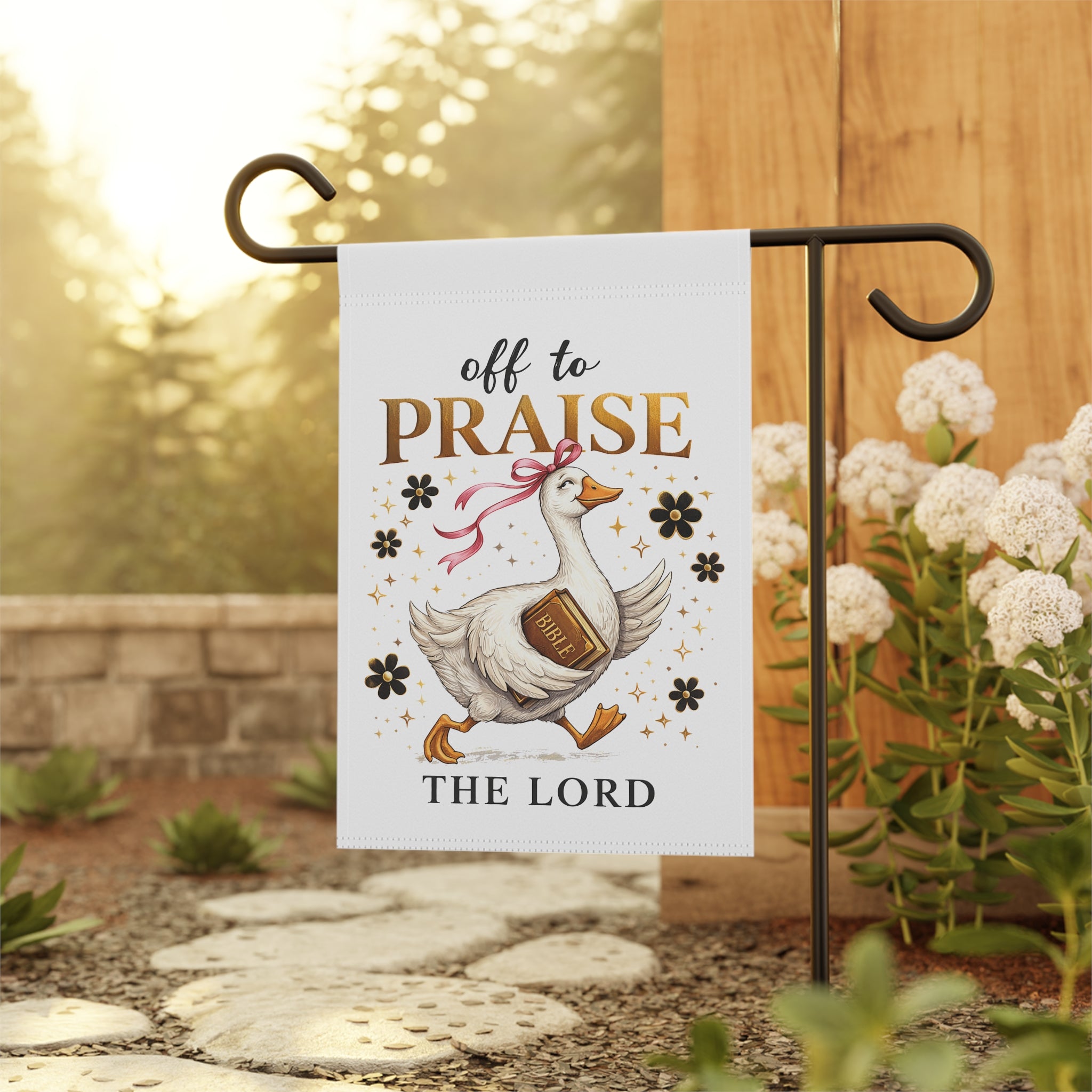Religious Garden Flag — "Off to Praise the Lord" Duck Design