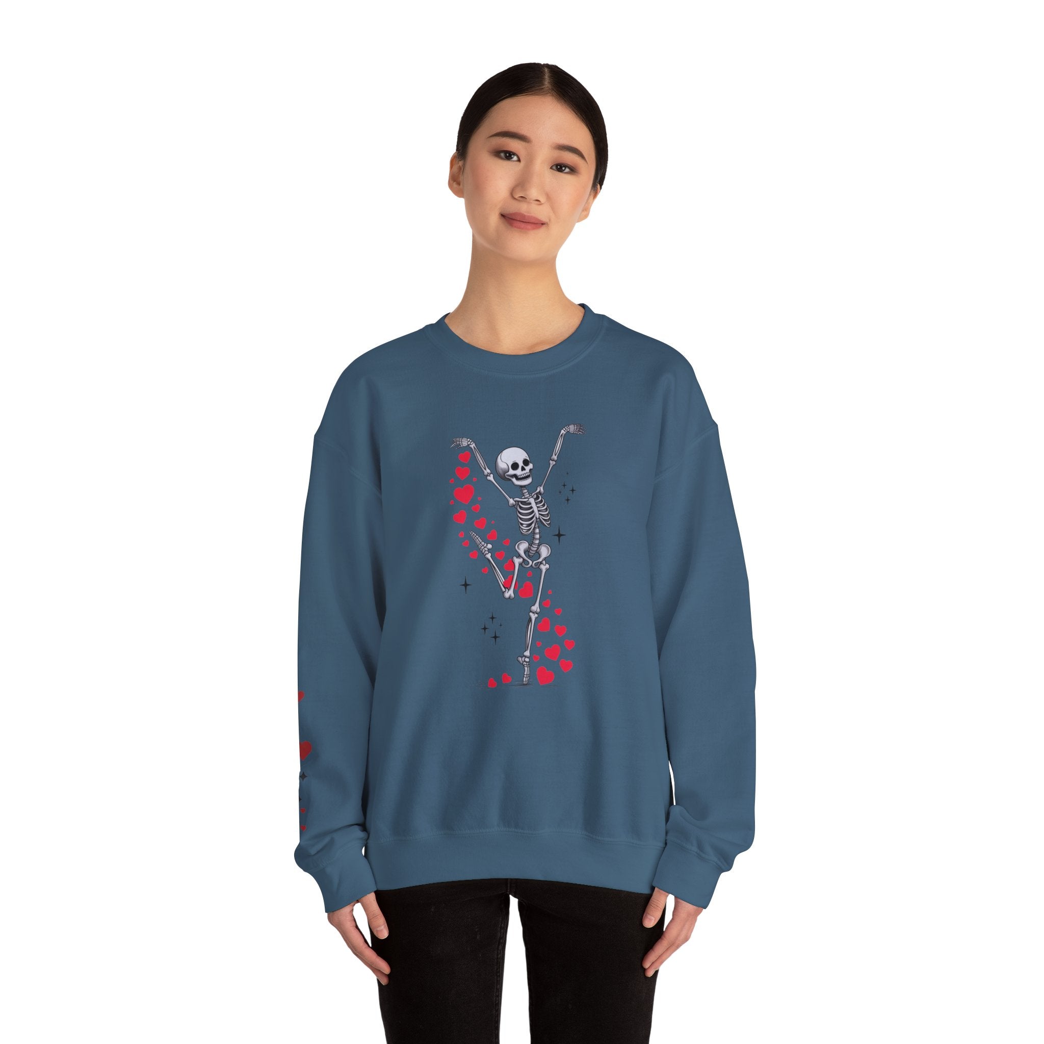 Skeleton Ballet Crewneck Sweatshirt — Dancing Skeleton with Hearts Sleeve