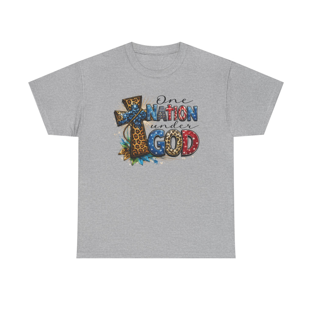 One Nation United Under God Tee — Patriotic Christian T-Shirt with Cross & Leopard Print