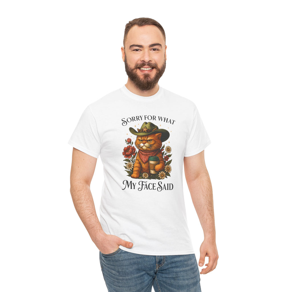 Funny Cat T-Shirt - "Sorry for What My Face Said" Country Cowboy Cat Graphic Tee