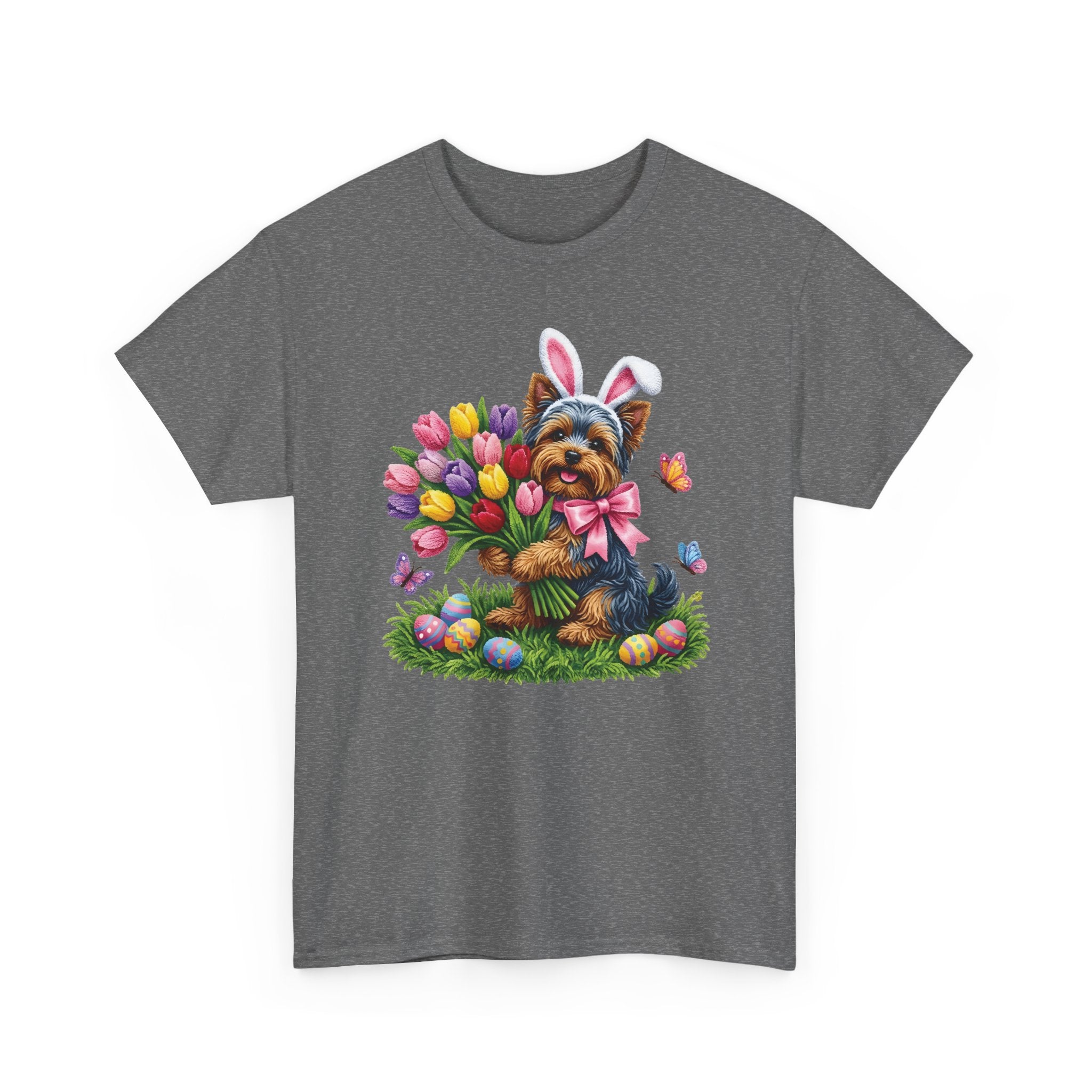 Easter Yorkie Tee — Cute Puppy with Tulips & Bunny Ears Graphic Shirt