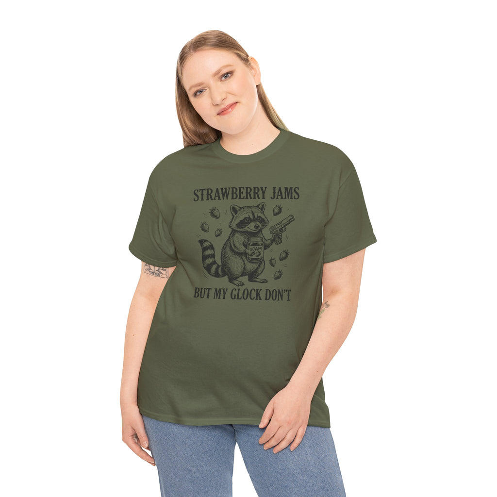 Strawberry Jams But My Glock Don’t T-Shirt — Funny Raccoon Gun Graphic Tee