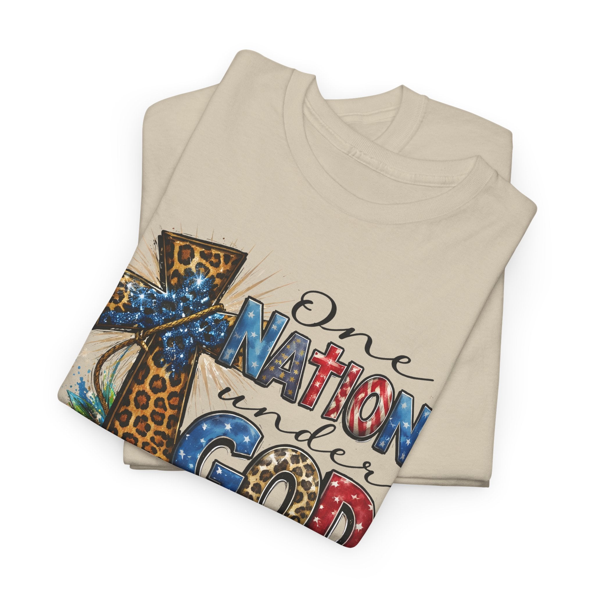One Nation United Under God Tee — Patriotic Christian T-Shirt with Cross & Leopard Print