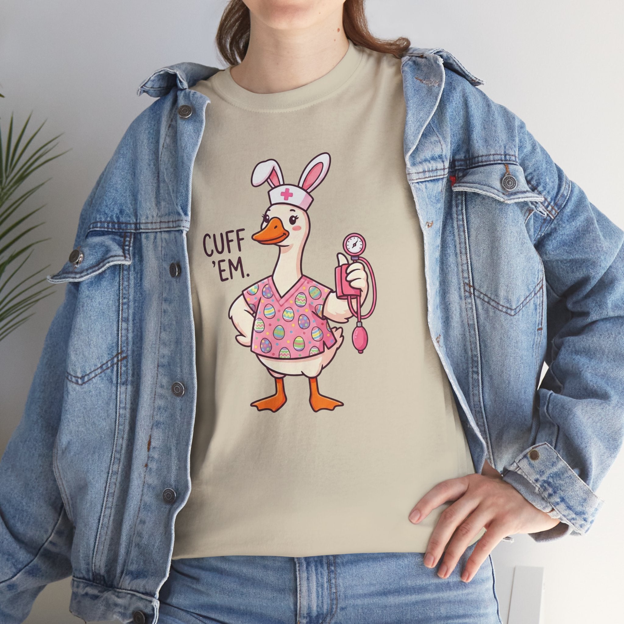 Nurse Goose in Bunny Costume T‑Shirt — "Cuff 'Em" Cute Novelty Tee
