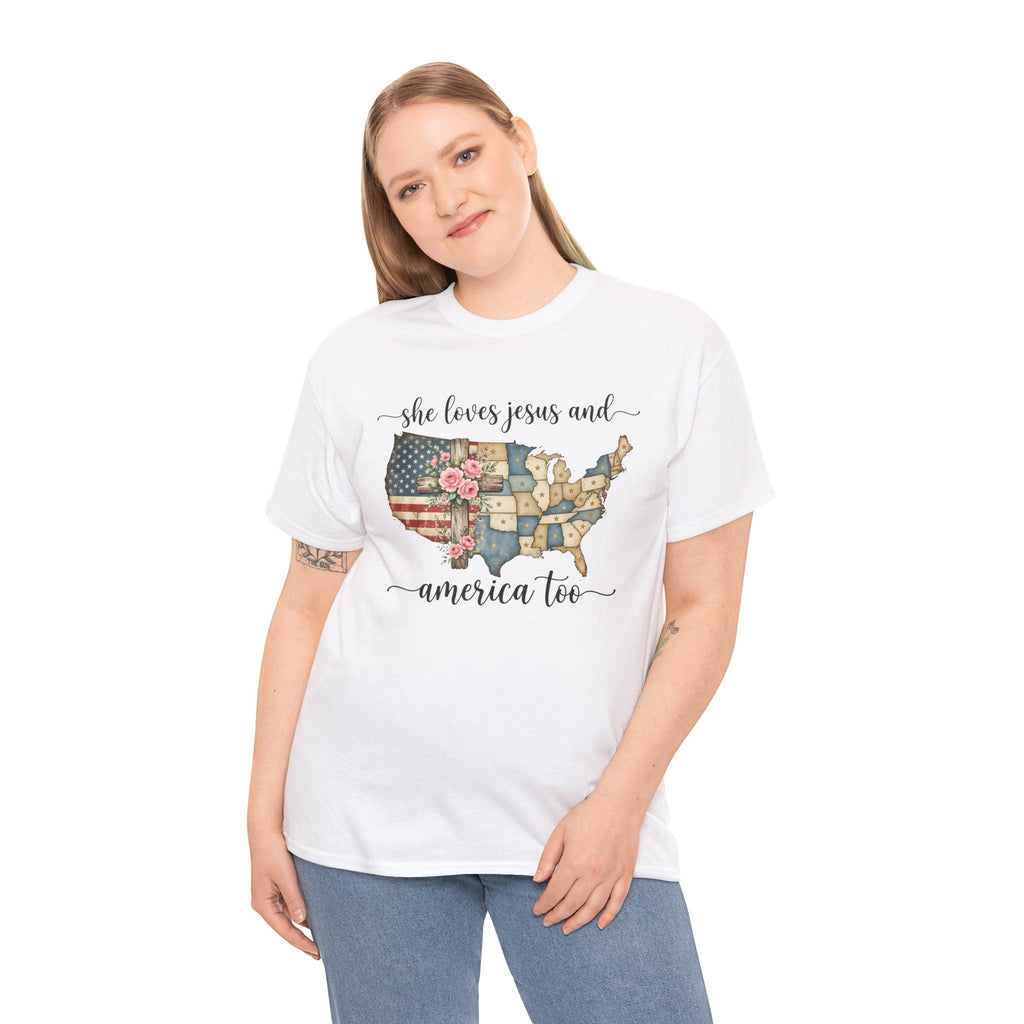 Patriotic Floral USA Tee - "She Loves Jesus and America Too" Christian Flag T-Shirt