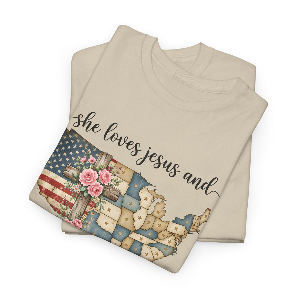 Patriotic Floral USA Tee - "She Loves Jesus and America Too" Christian Flag T-Shirt