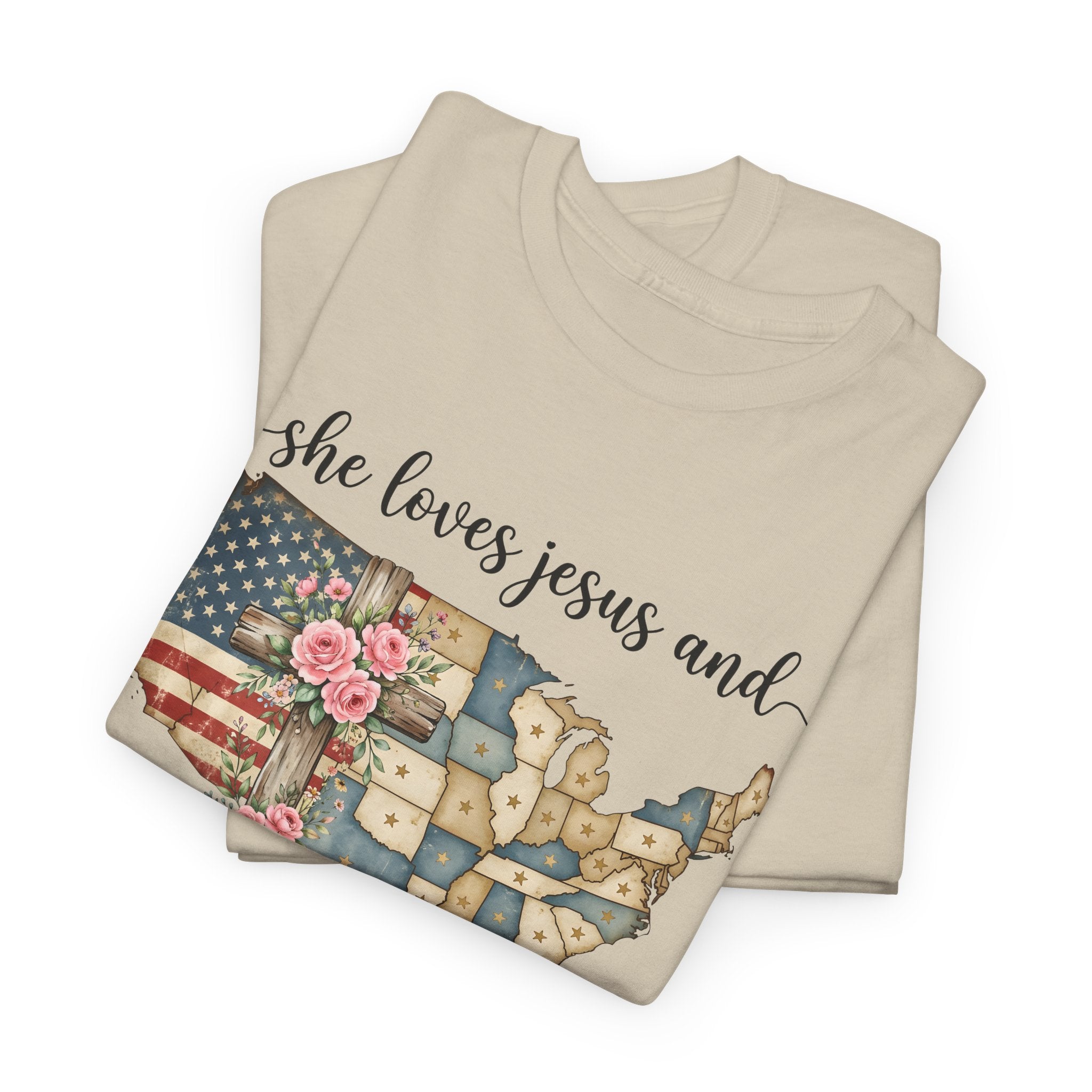 Patriotic Floral USA Tee - "She Loves Jesus and America Too" Christian Flag T-Shirt