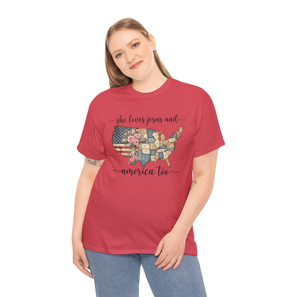 Patriotic Floral USA Tee - "She Loves Jesus and America Too" Christian Flag T-Shirt