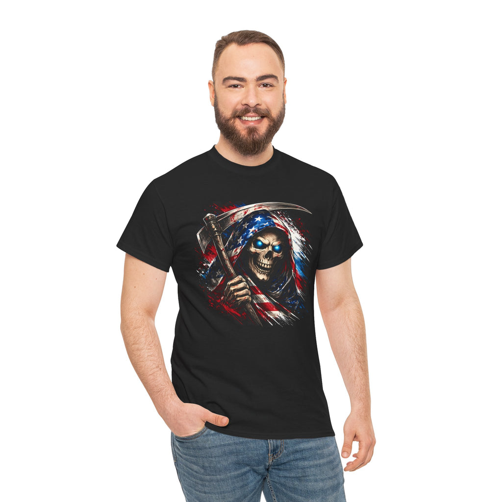 Skull Reaper T-Shirt — American Flag Grim Reaper Graphic Tee
