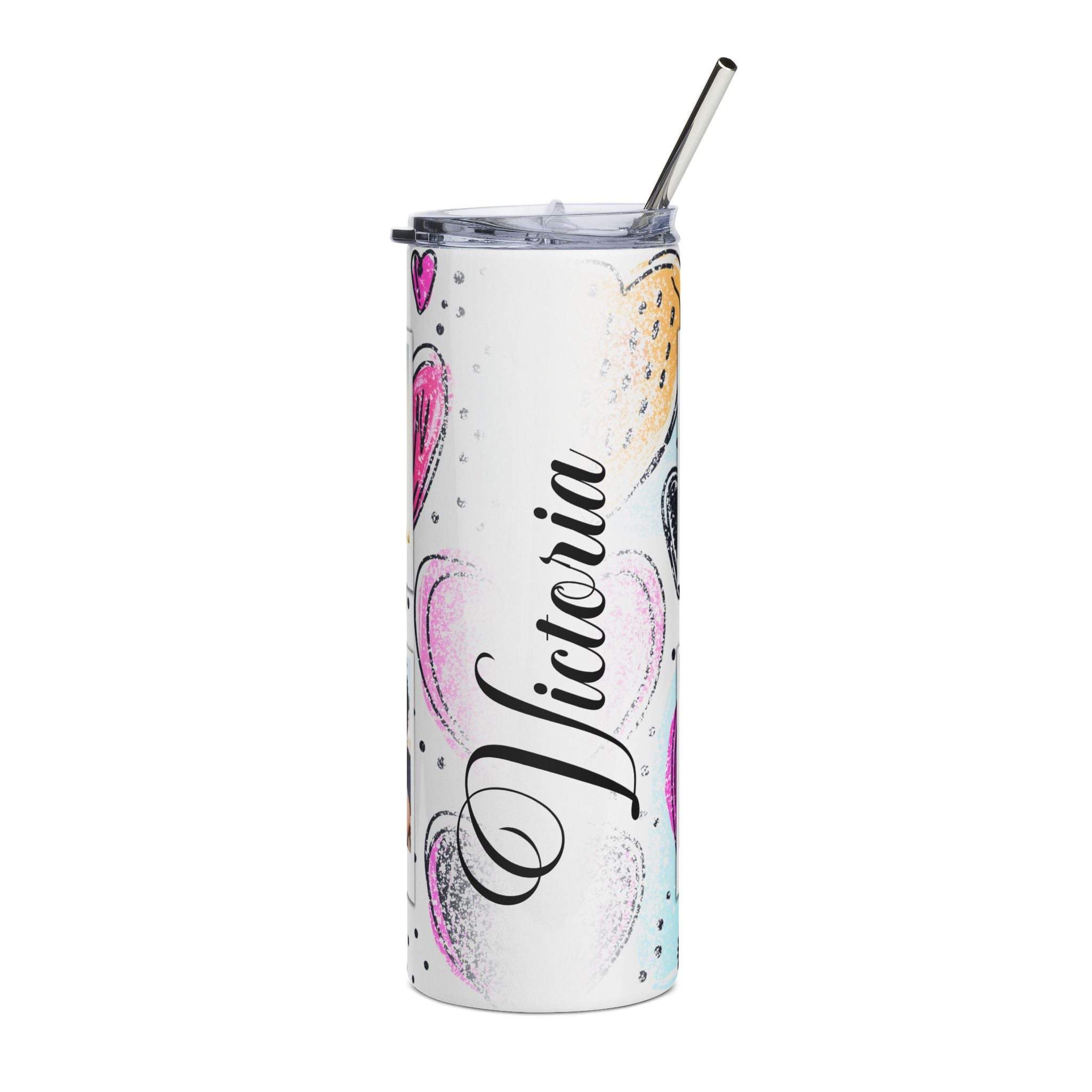 Personalized Watercolor Hearts Photo Name Tumbler - 20oz Stainless Steel Tumbler